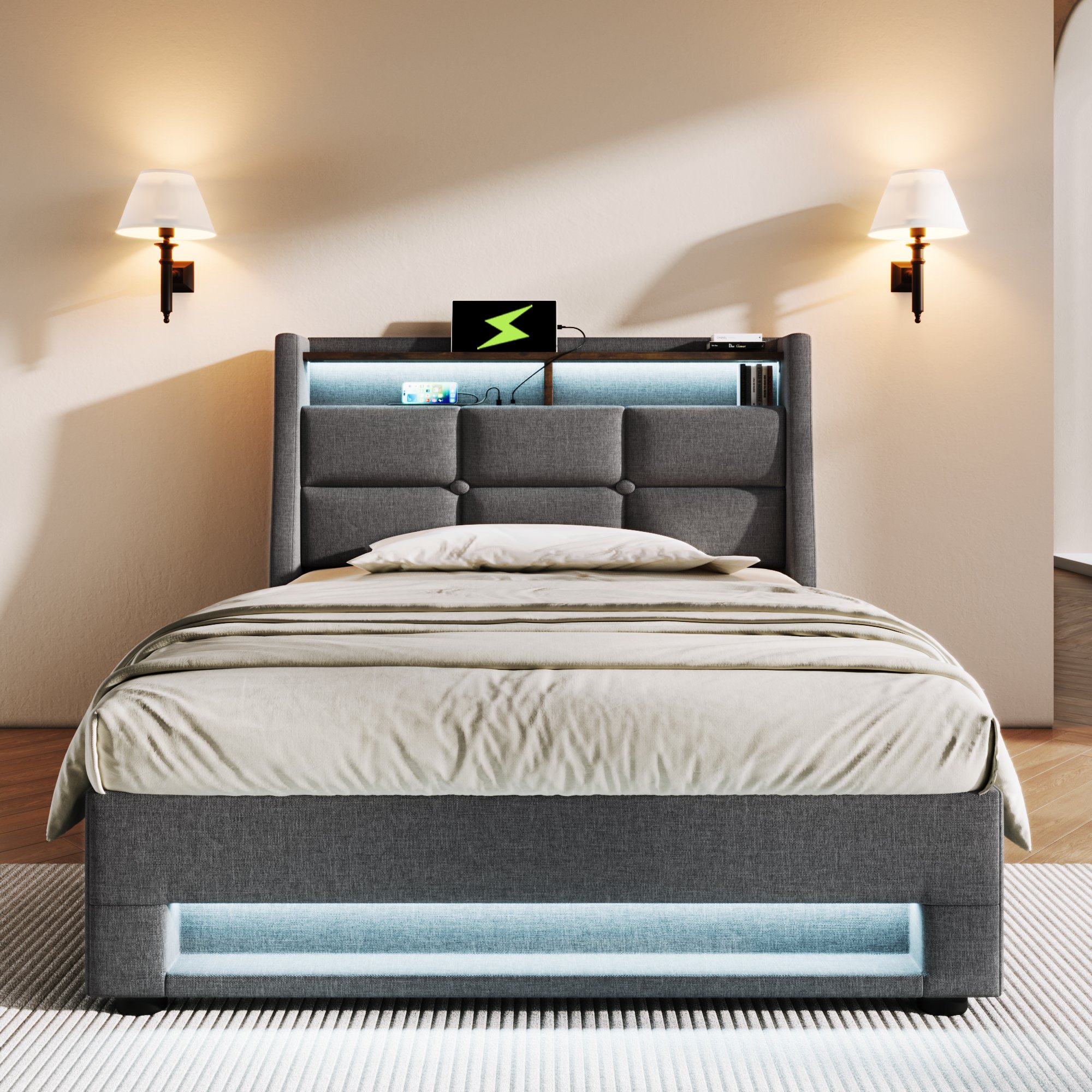 Lit coffre 90x200 avec LED et USB, lit rembourré gris en lin avec sommier à lattes et matelas inclus