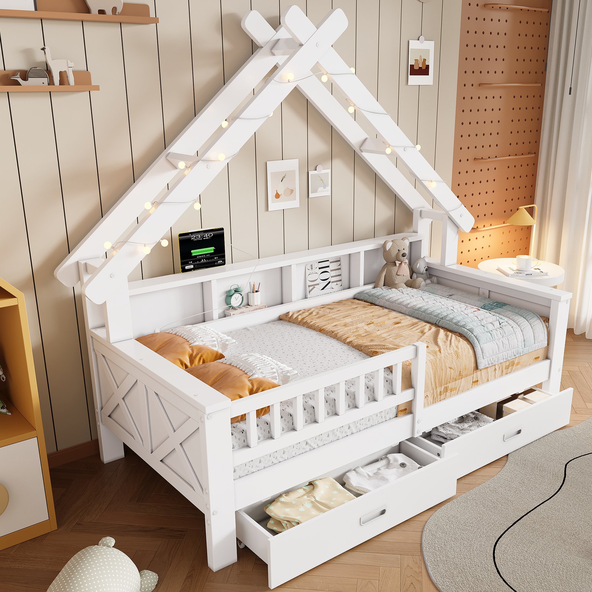 Lit cabane enfant avec LED et rangements, 90x200, protection et tiroirs