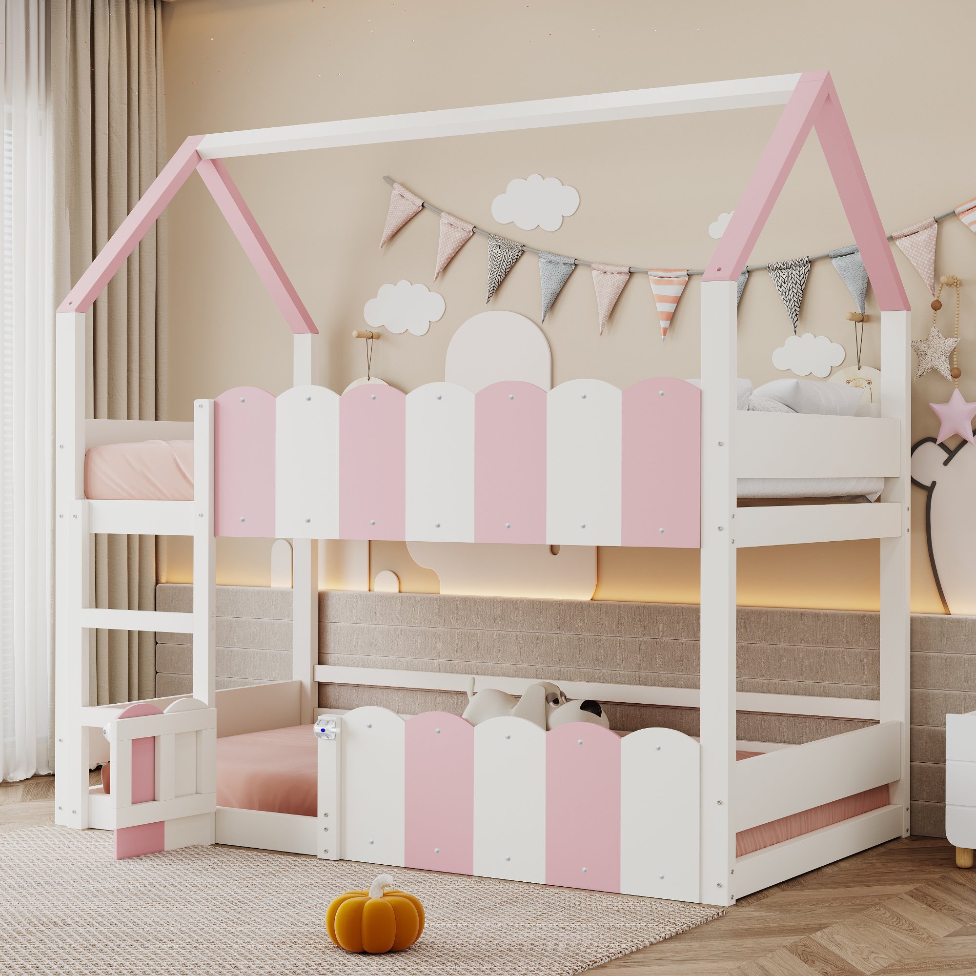 Lit superposé enfant 90x200 cm en bois avec échelle et sécurité, design maison, blanc et rose