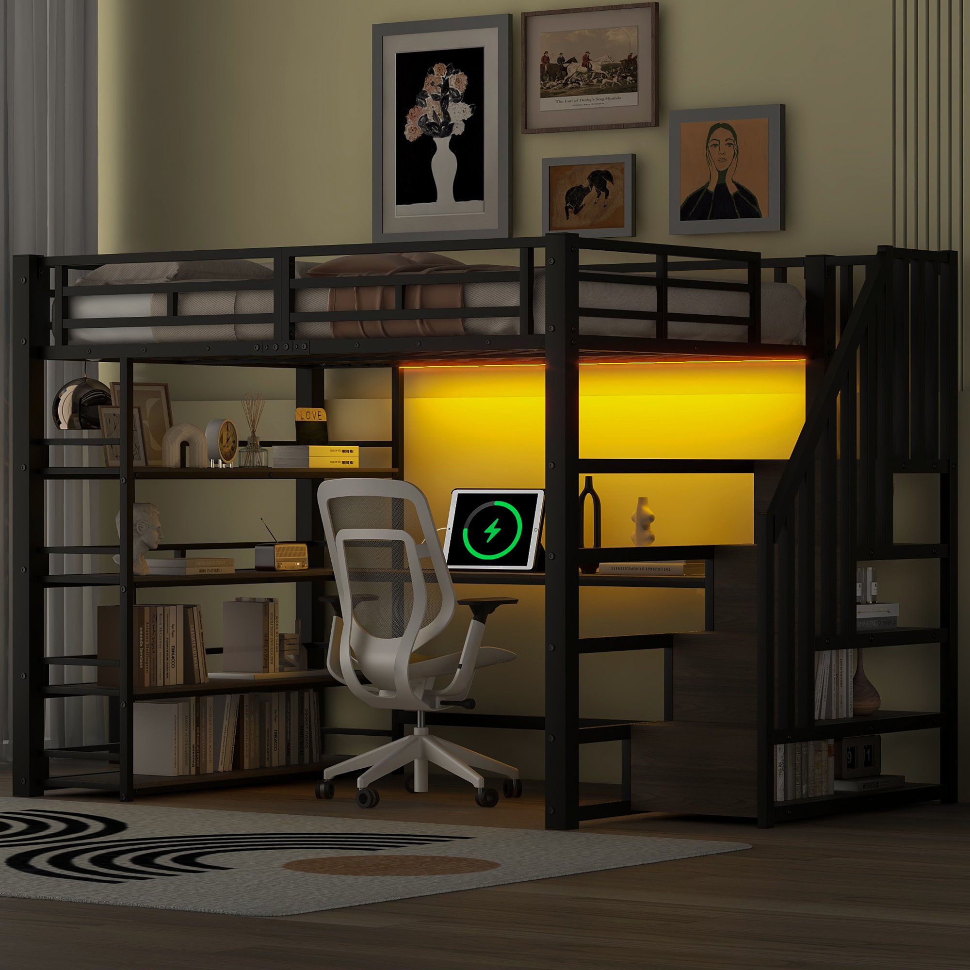 Lit mezzanine 140x200 avec bureau, rangements et LED, structure métallique, échelle intégrée