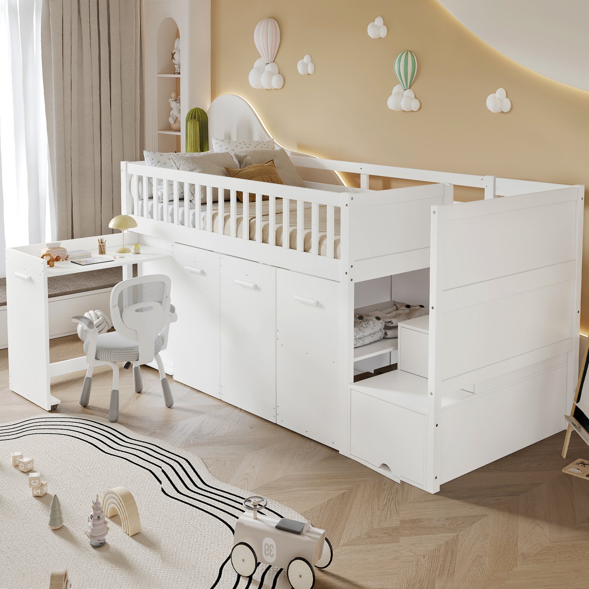 Lit superposé enfant 90x200 avec échelle rangement, bureau et armoires, certifié EN747