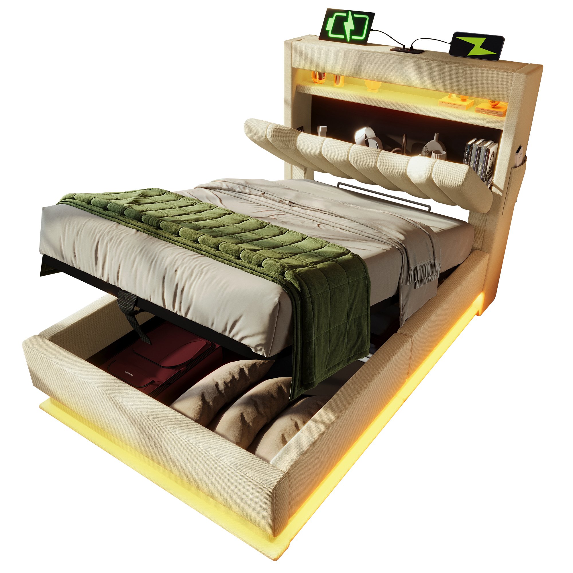 lit coffre 90x200 cm avec matelas ressorts H3, rangement hydraulique sous le couchage, LED et structure métal bois