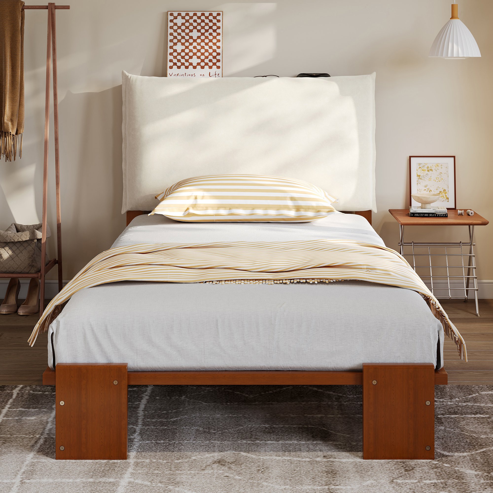 Lit capitonné 90x200 en pin, mousse et contreplaqué, avec sommier à lattes et pieds élargis, marron foncé