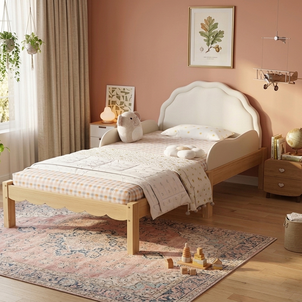 Lit enfant sécurisé avec barrière de protection, tête rembourrée en PU, sommier à lattes, 90x200cm, beige