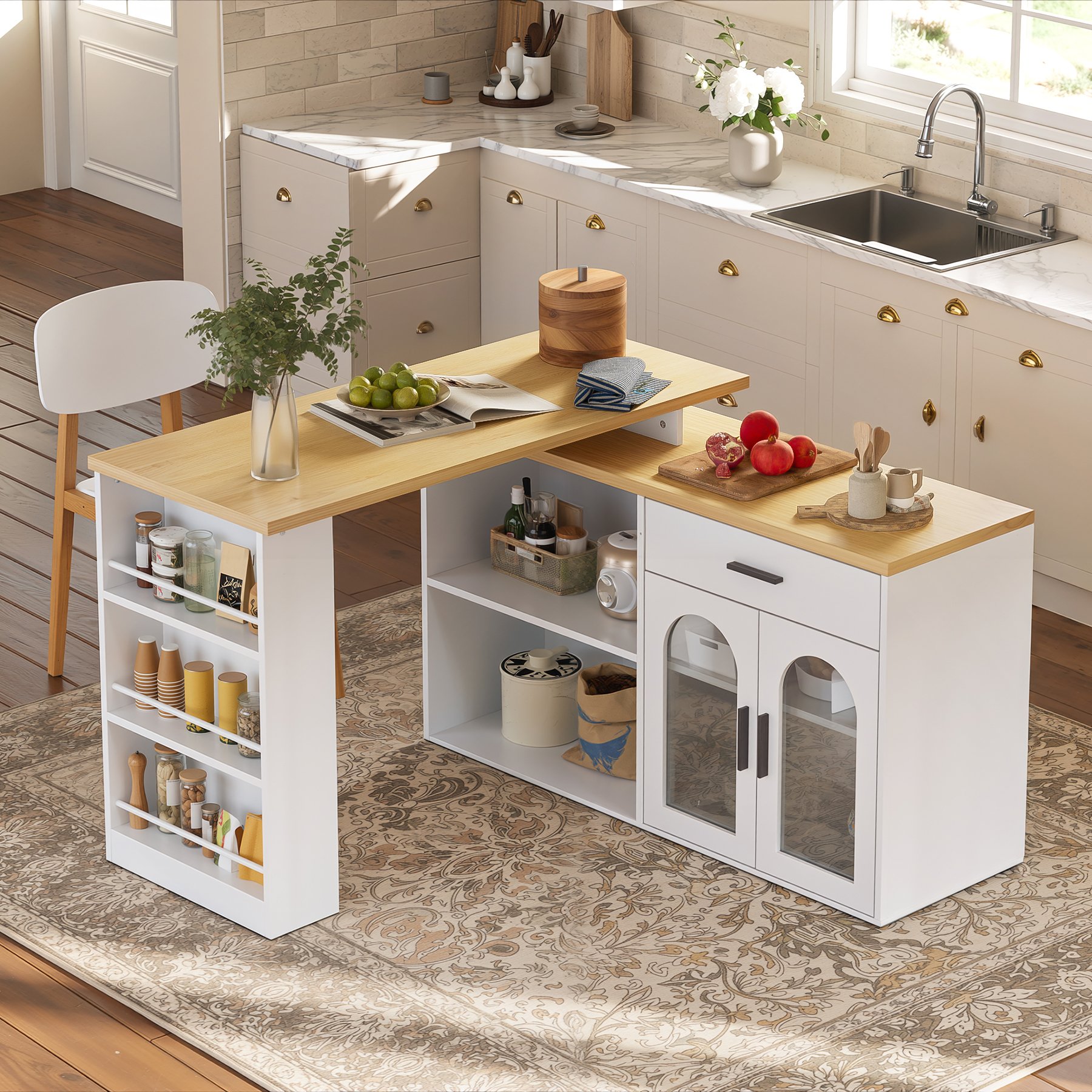 Îlot de cuisine en Panneau composite de fibres de bois à densité blanc avec plan de travail en mélamine, rangement, étagères et tiroir, 136x50 cm, pour 2 personnes