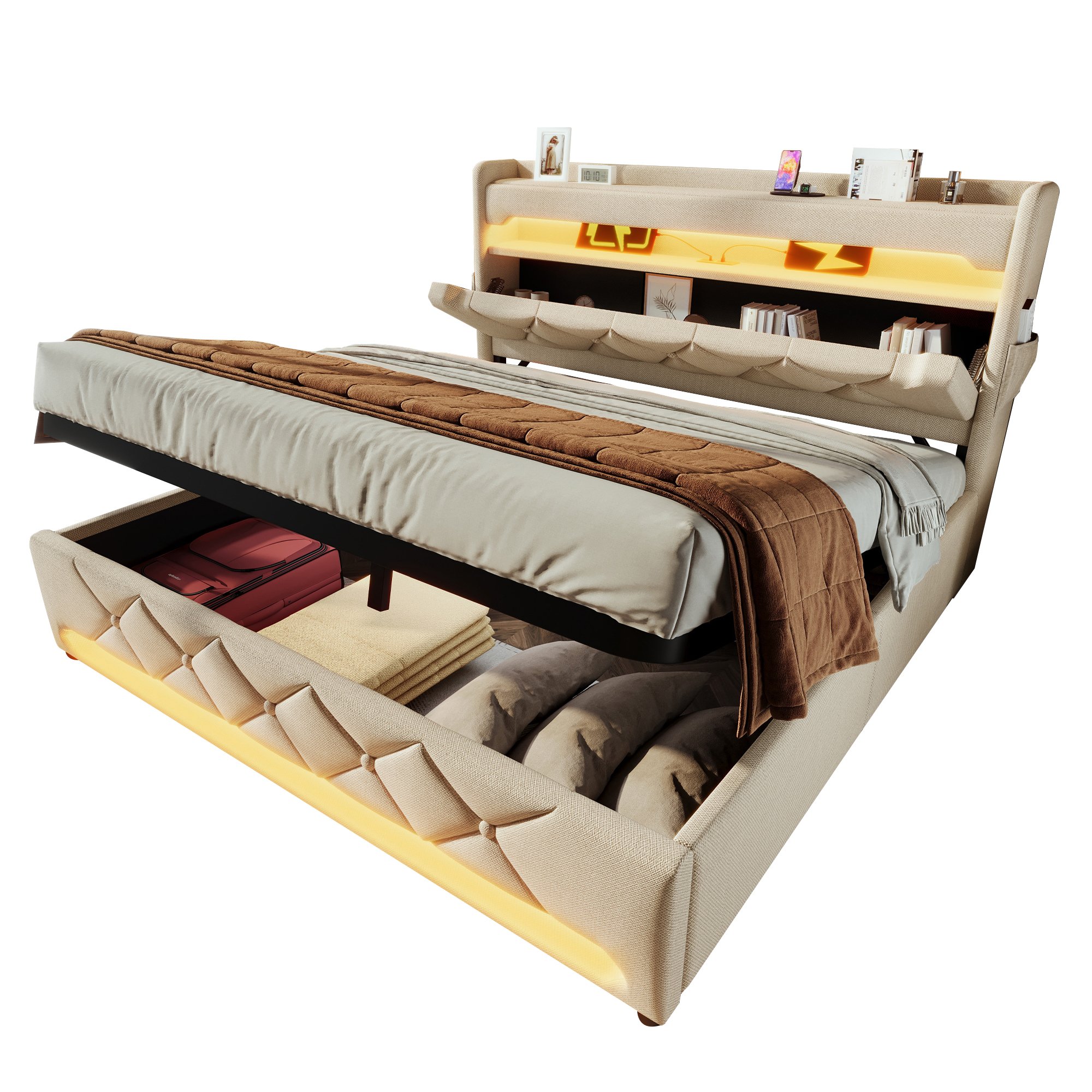 lit coffre 160x200 beige en tissu lin avec rangement hydraulique, LED 360°, ports USB et Type-C