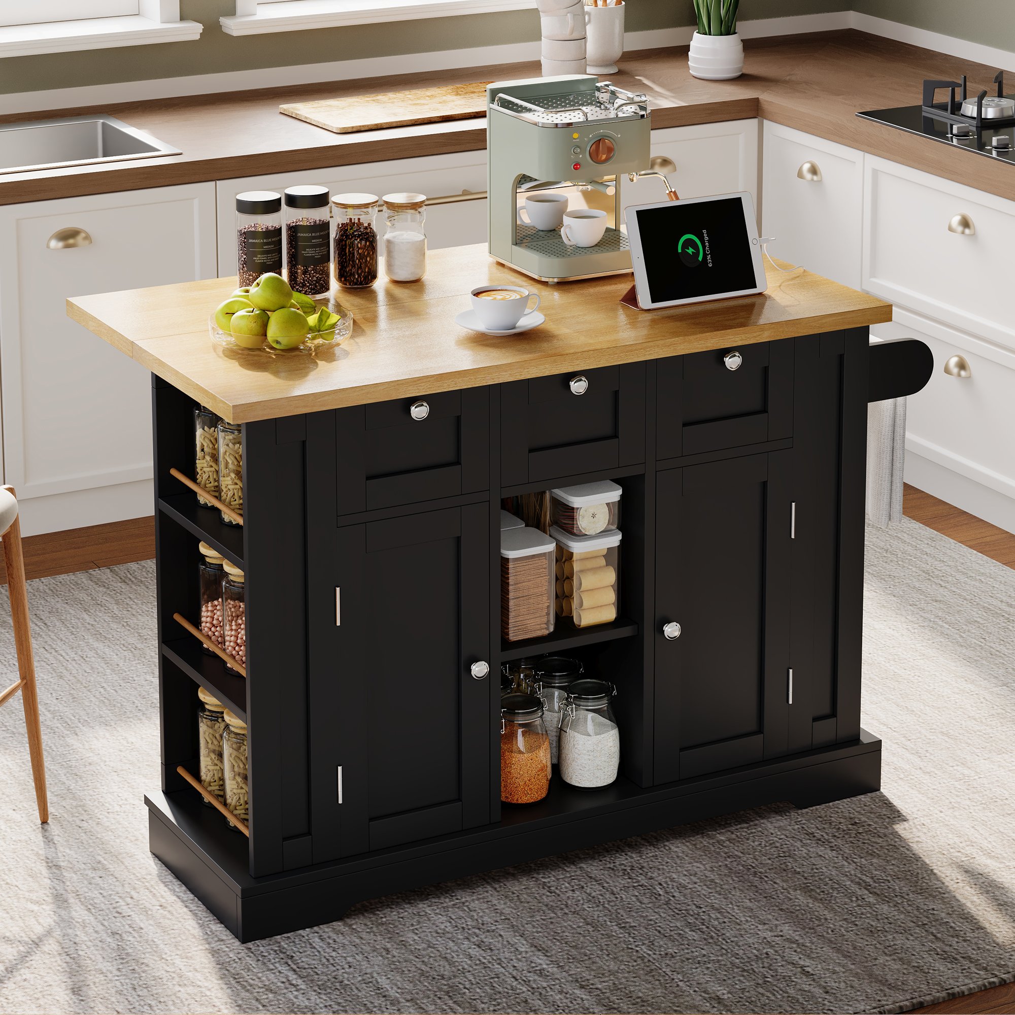 Îlot de cuisine sur roulettes avec plan de travail escamotable, rangements, prises USB, porte-serviettes, style campagne, 132 cm