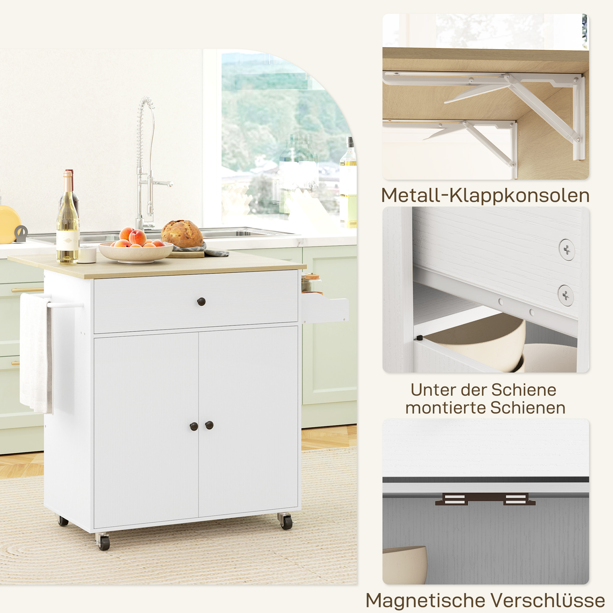 Îlot de cuisine roulant avec plan de travail rabattable, rangement spacieux, tiroir, placard et étagère, blanc, 106x42x87 cm