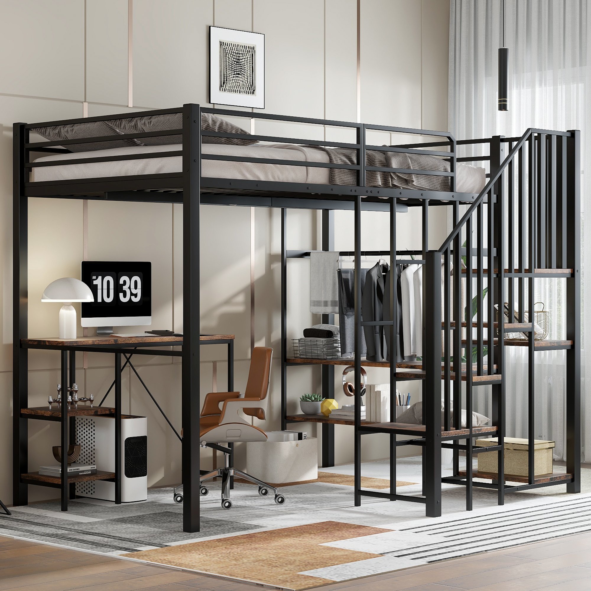 Lit superposé enfant 120x200 avec rangement, bureau et penderie, échelle d'angle, certifié EN747