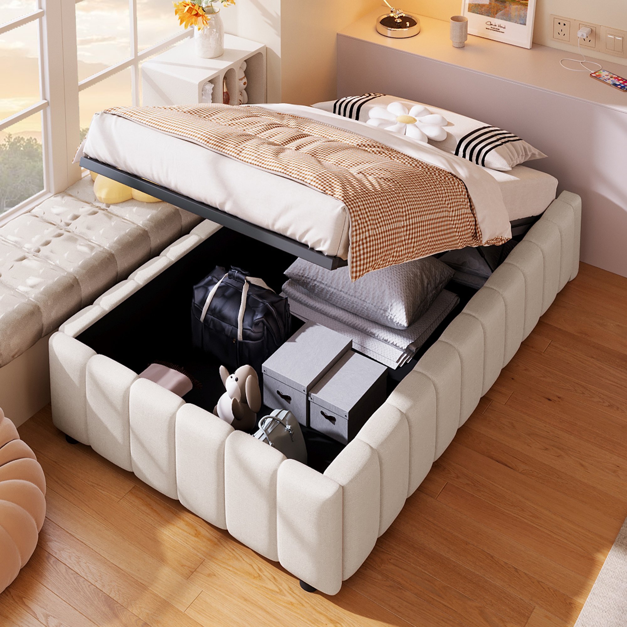 Lit coffre hydraulique 90x200 cm avec rangement invisible, sans tête de lit, en lin beige, sans matelas