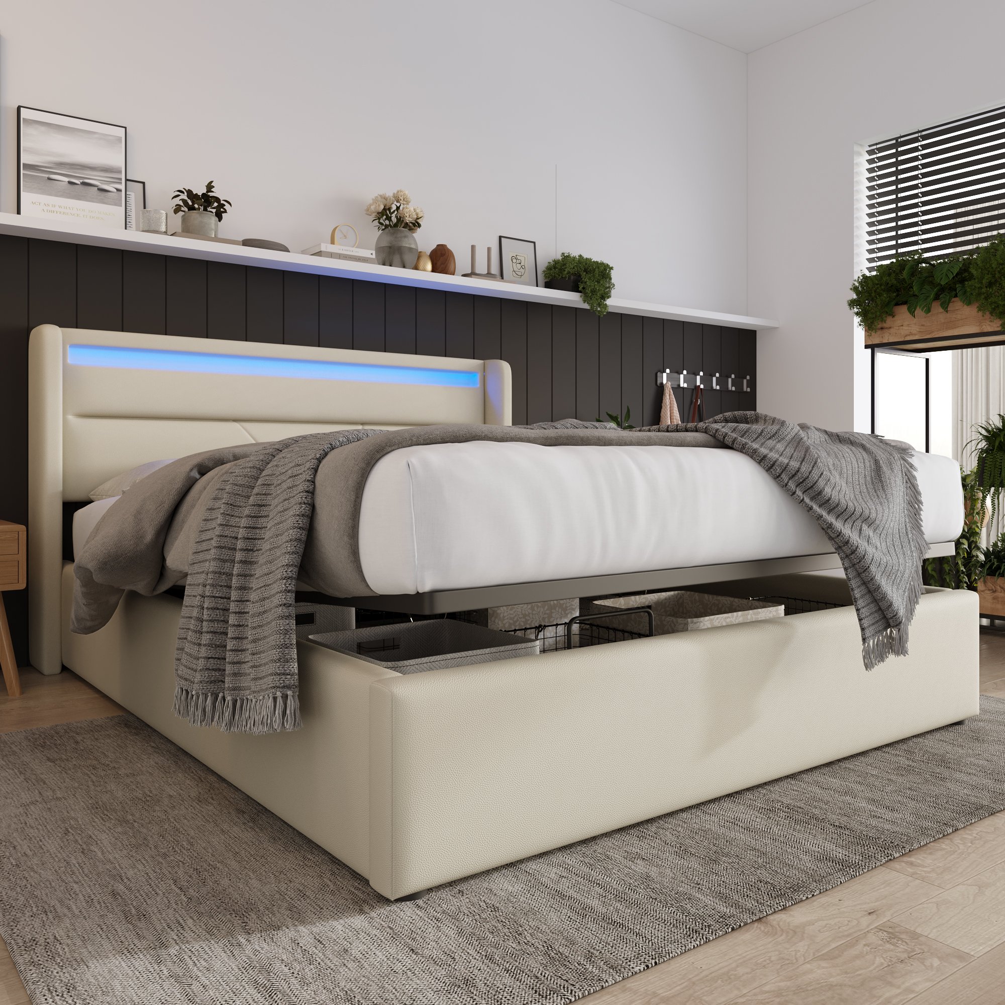 lit coffre 140x200 blanc avec rangement hydraulique et LED, incluant matelas ressorts