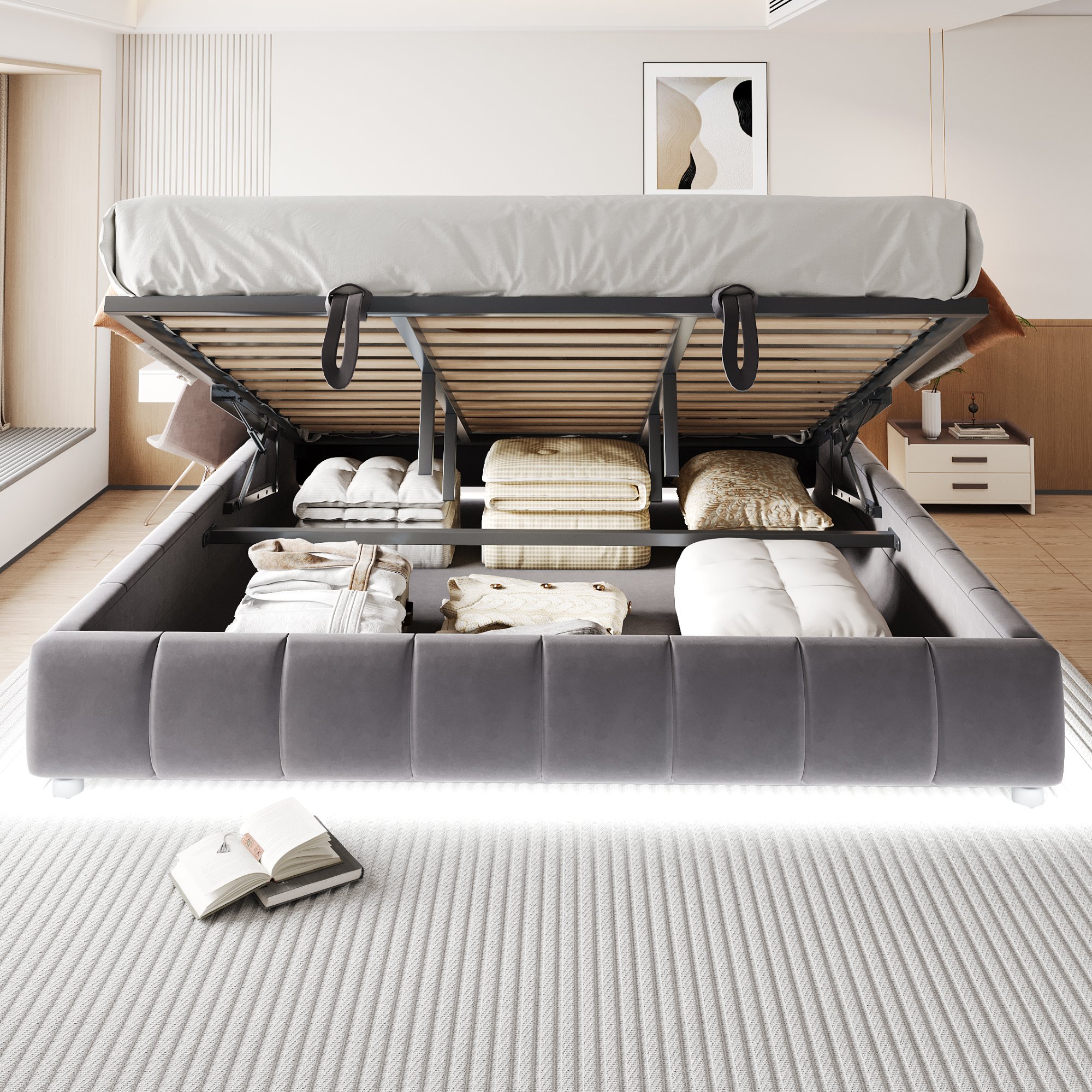 Lit coffre 180x200 en velours gris, structure métallique et Panneau composite de fibres de bois à densité, avec rangement hydraulique