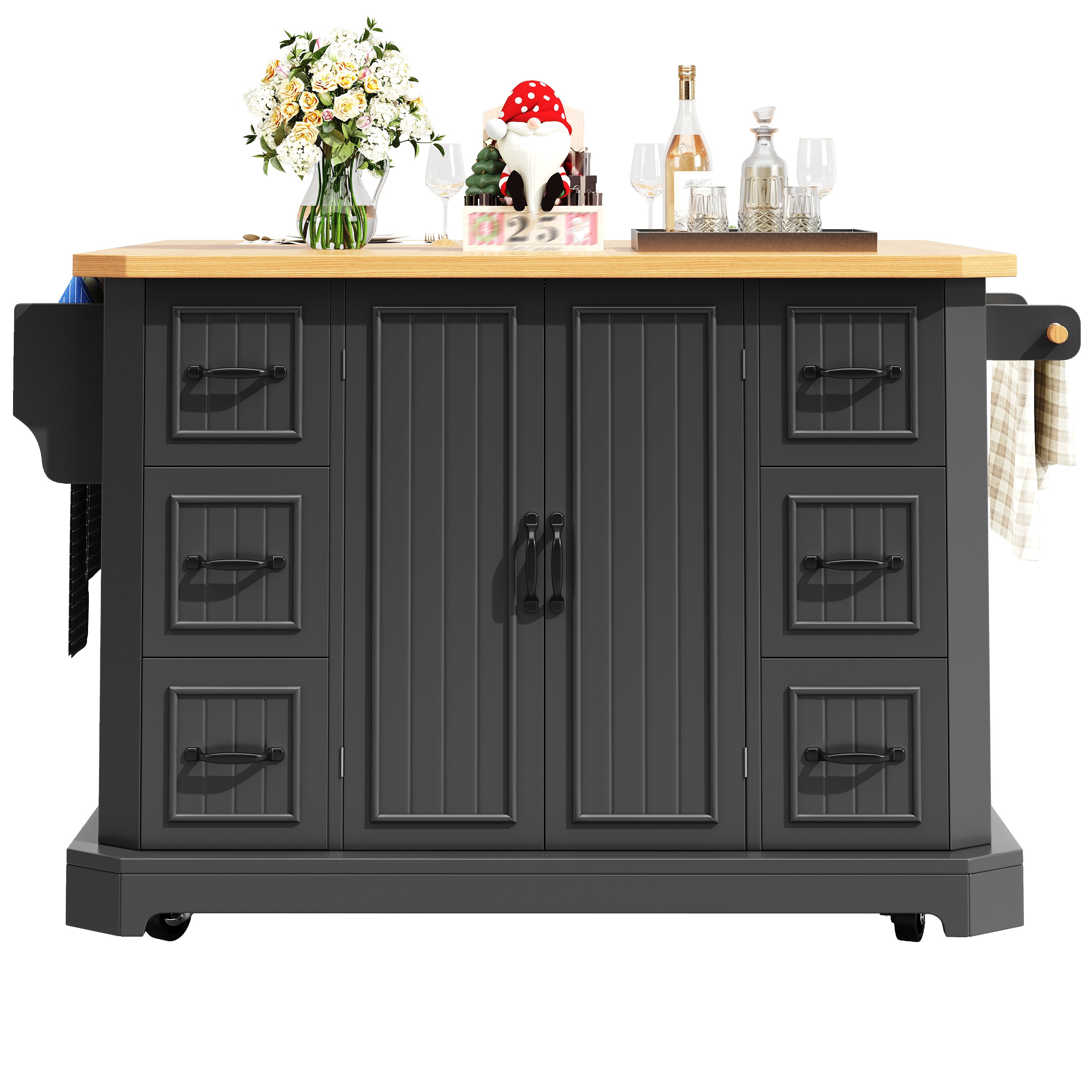 Îlot de cuisine 120x45x91 cm, blanc et noir, avec 2 portes, 6 tiroirs, rangement, roulettes, plan de travail en bois