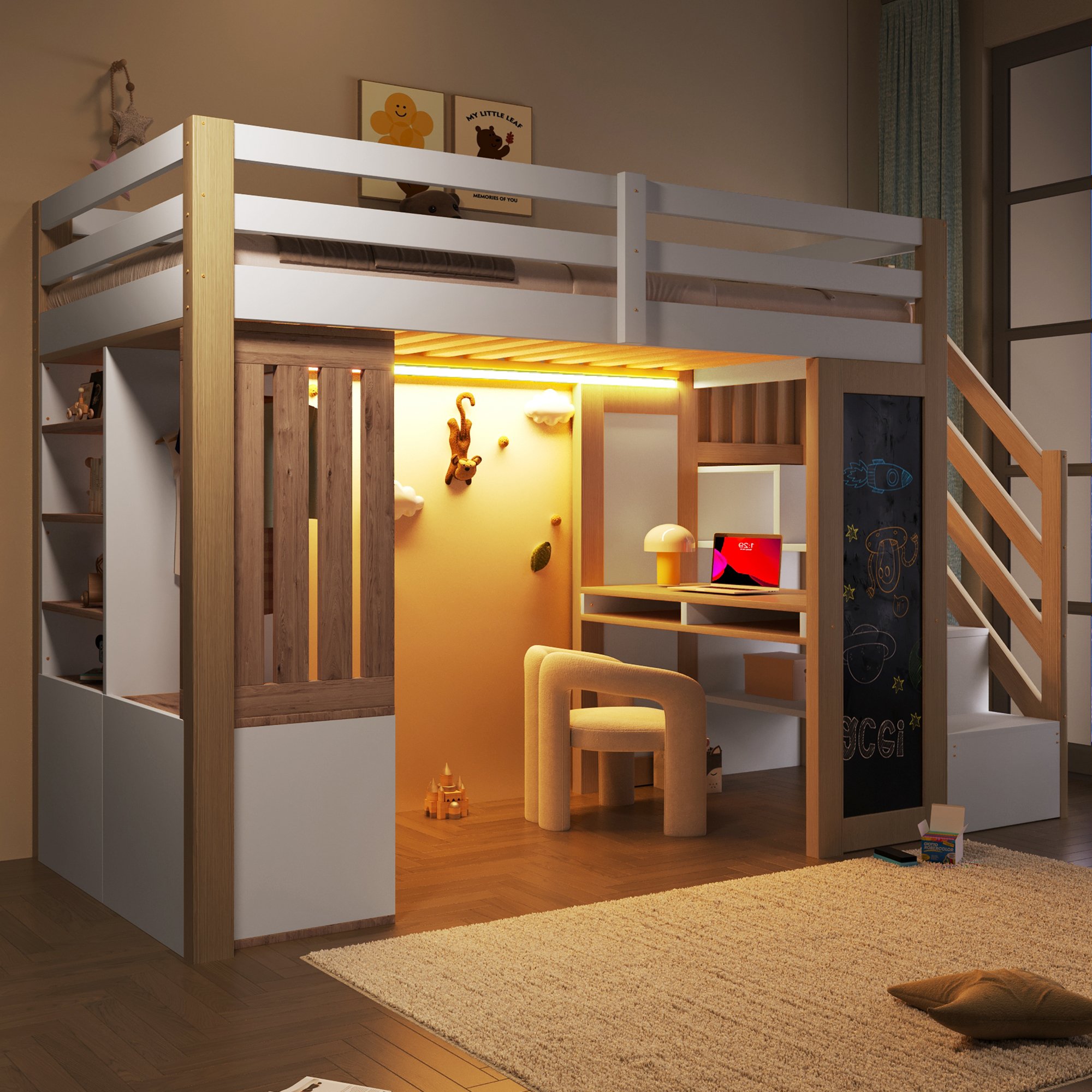Lit mezzanine 90x200 avec bureau, rangements et échelle de stockage, blanc et bois