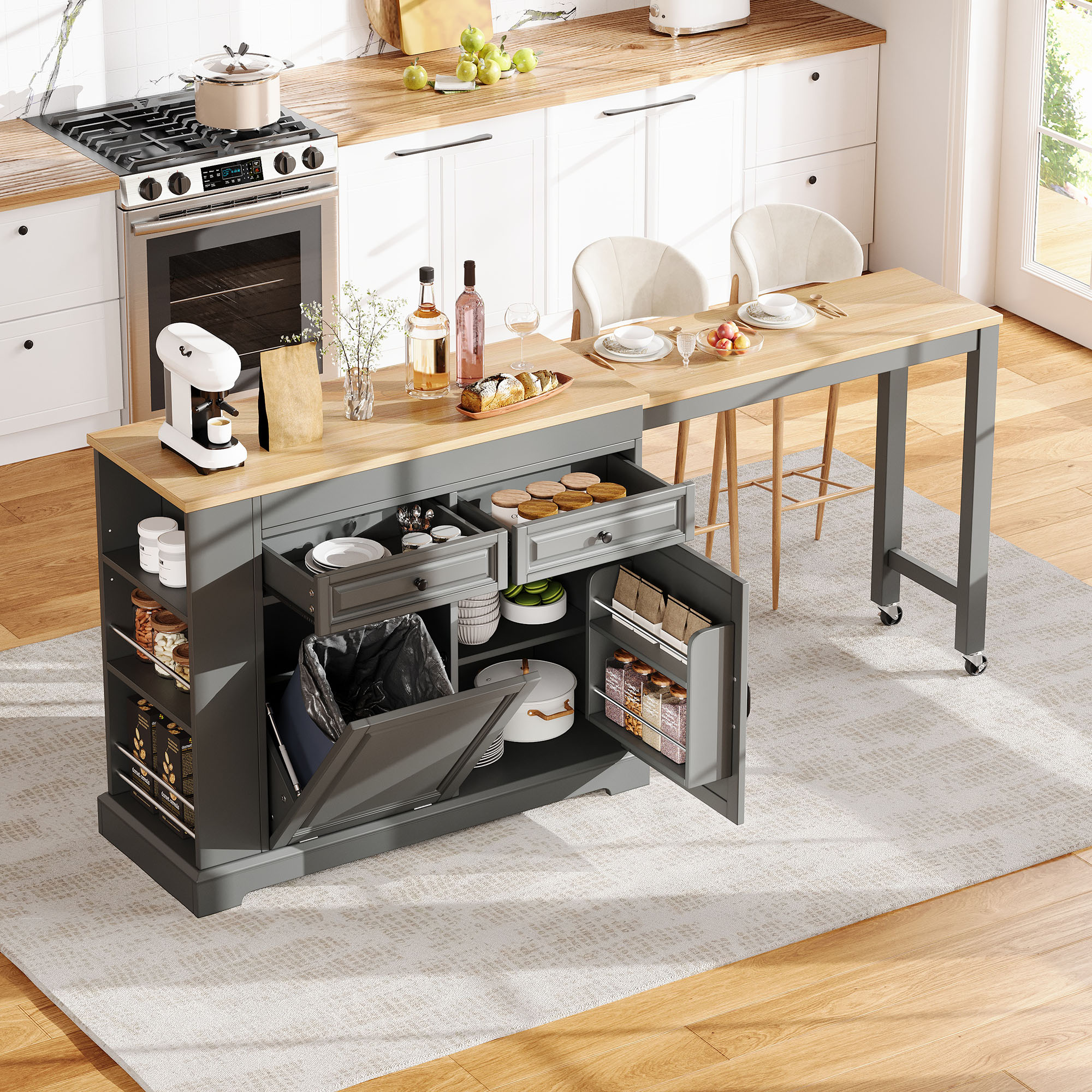 Îlot de cuisine en Panneau composite de fibres de bois à densité avec plan de travail extensible, roulettes freinables, rangements et placard, gris 116x45x92 cm