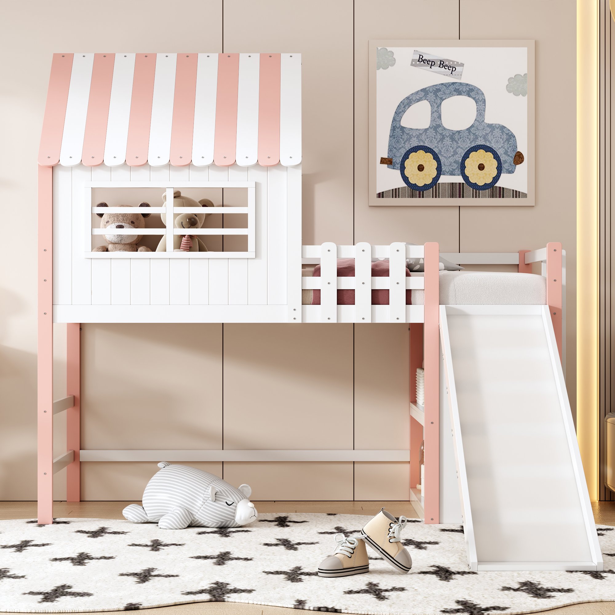 Lit mezzanine enfant 90x200 en pin massif rose avec toboggan et rangements