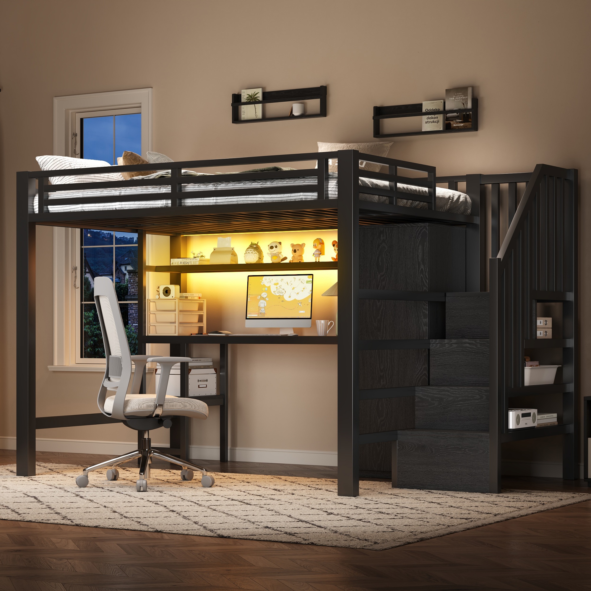 Lit mezzanine avec bureau intégré, armoire et échelle de rangement, 140x200