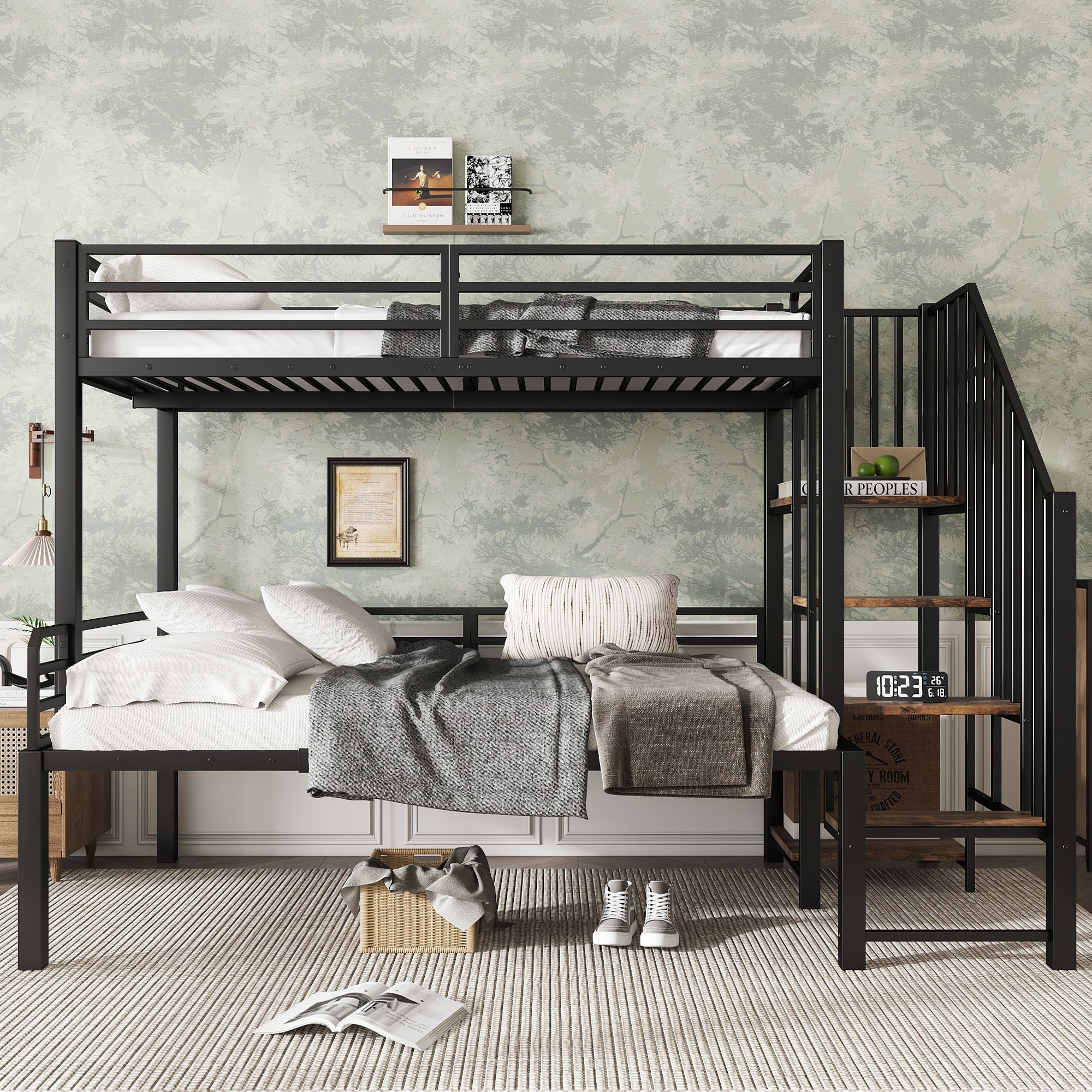 Lit superposé 90x200 avec échelle d'angle et rangement, pour enfants et adolescents, noir et bois vieilli