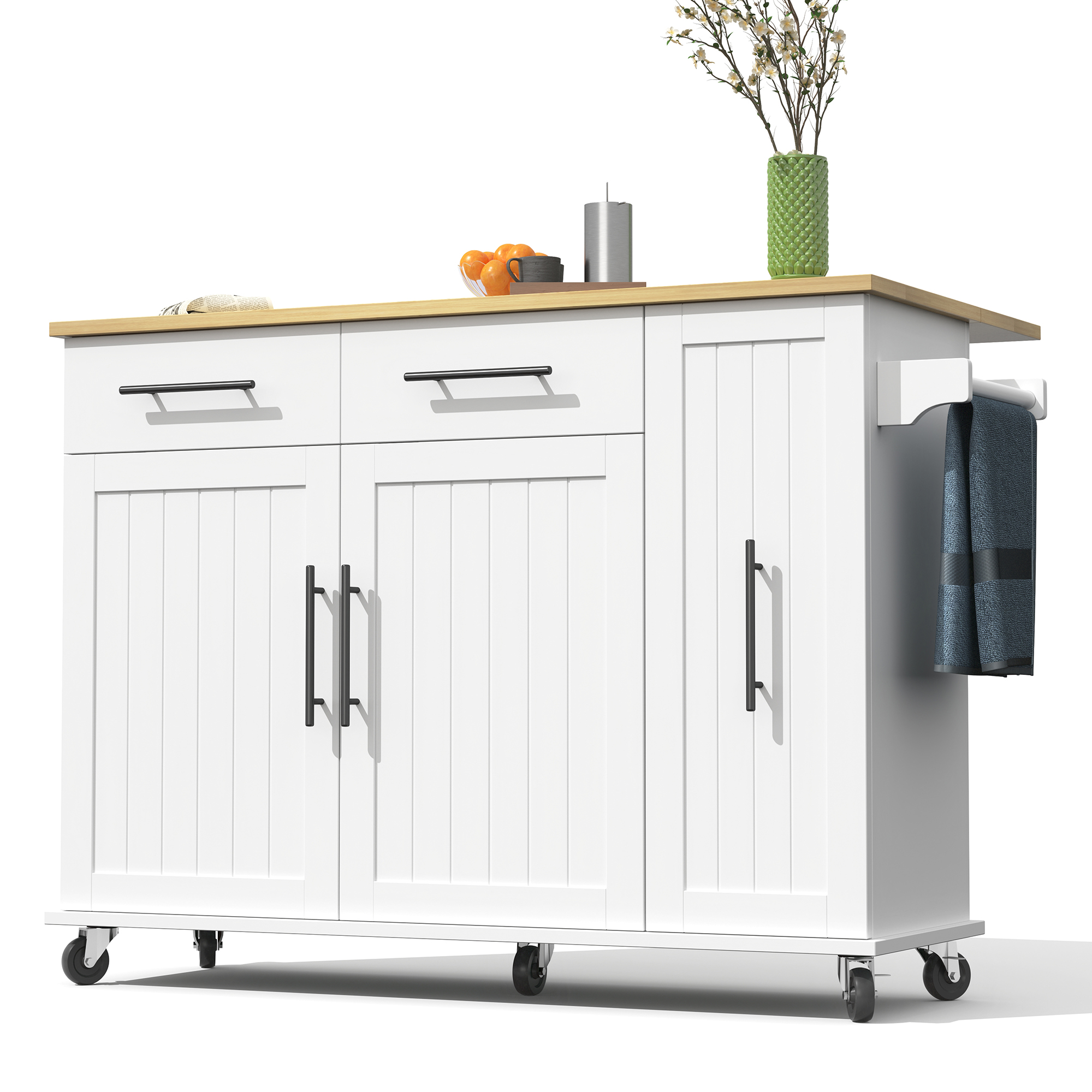 Îlot de cuisine avec rangement 3 niveaux, plan rabattable, étagères intérieures, 2 tiroirs, porte-serviettes, roulettes, blanc