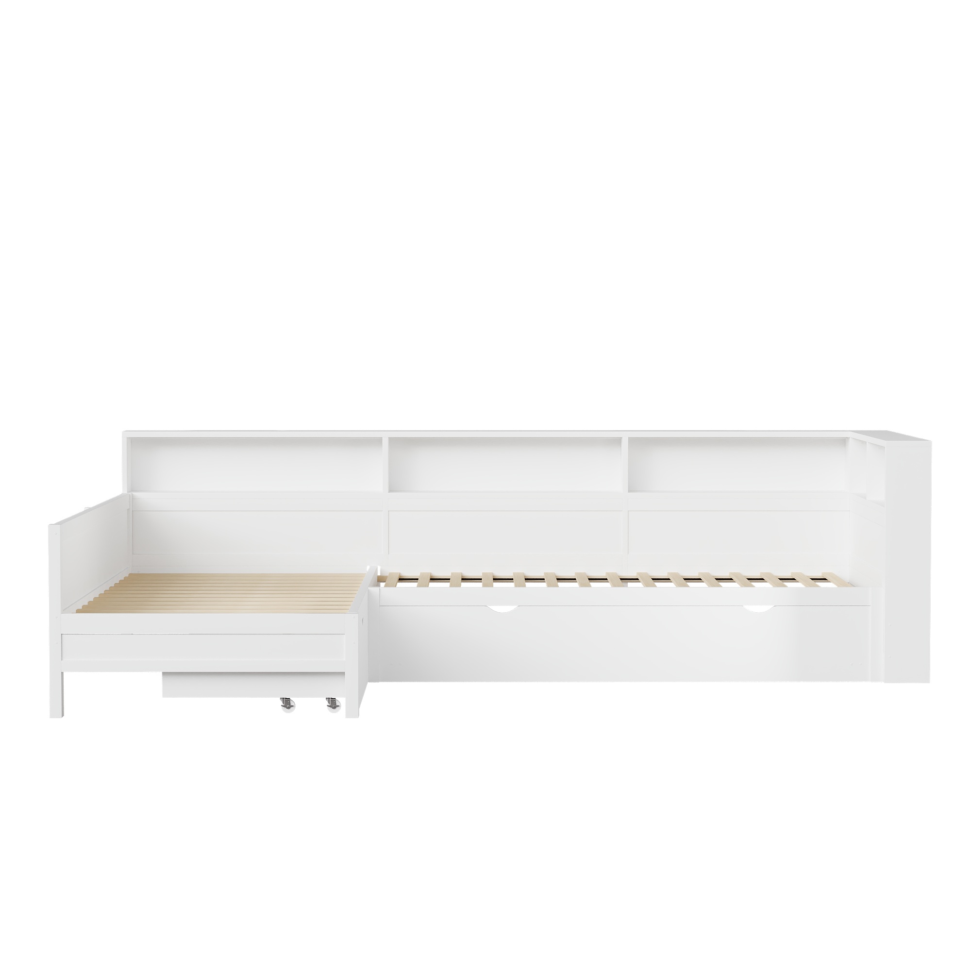 Lit gigogne 90x200 avec rangement et tiroirs, adulte, blanc, avec LED et chargeur USB