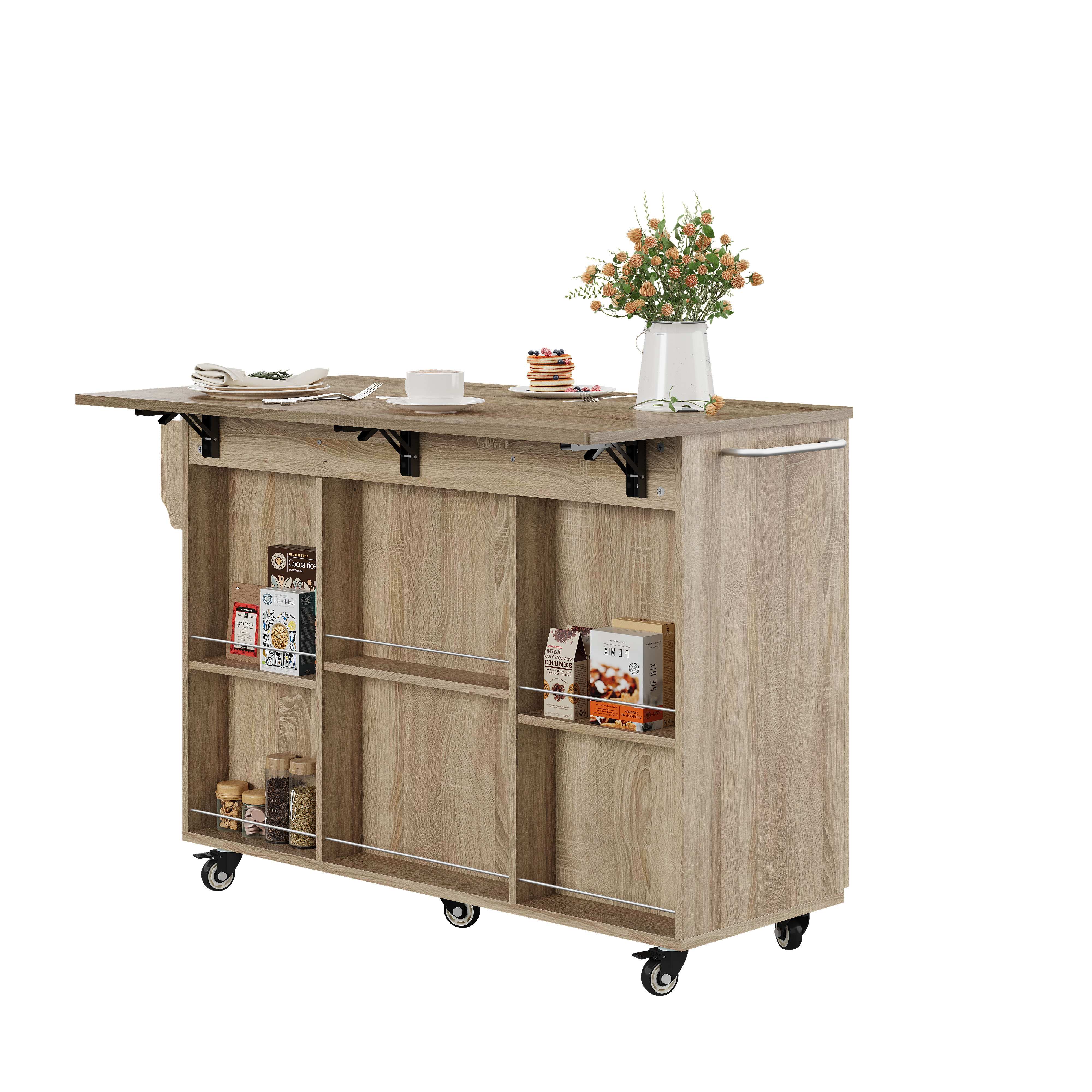 Îlot de cuisine avec plan de travail rabattable, 120 cm, chêne sonoma, 5 roulettes, rangement