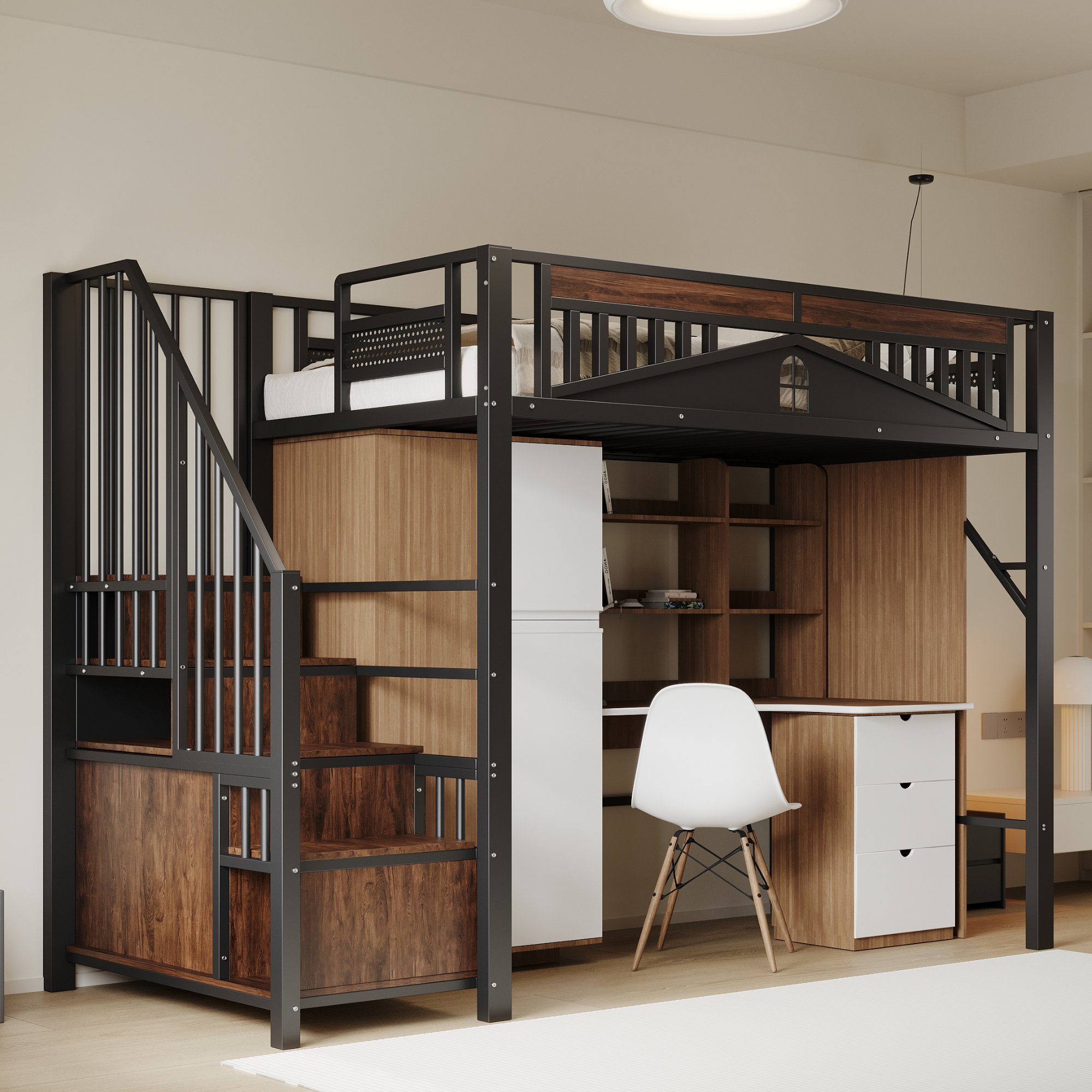 Lit mezzanine 90x200 avec escalier et rangement, métal noir, sécurité enfant