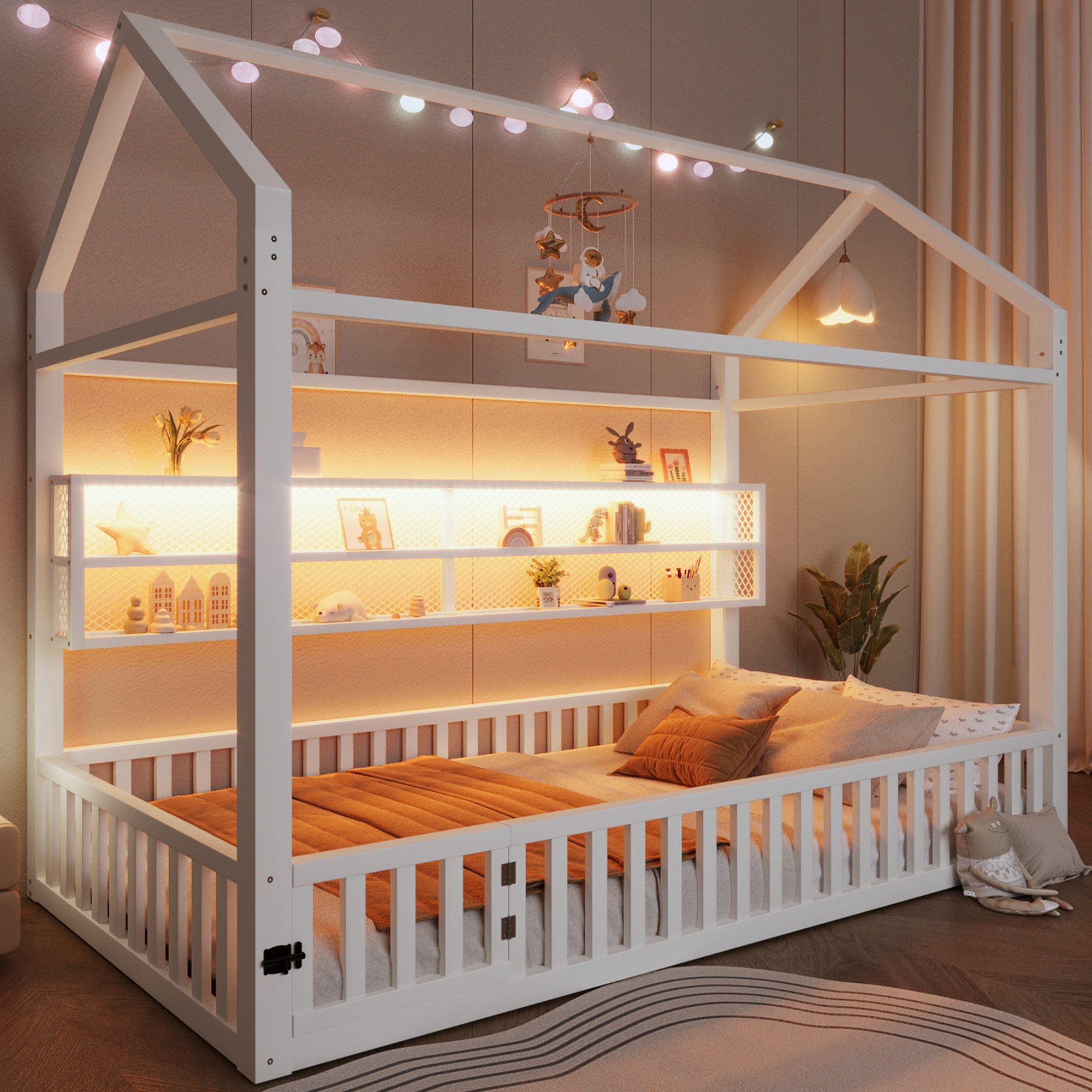 Lit maison 90x200 avec LED et barrière de sécurité, blanc, structure en métal