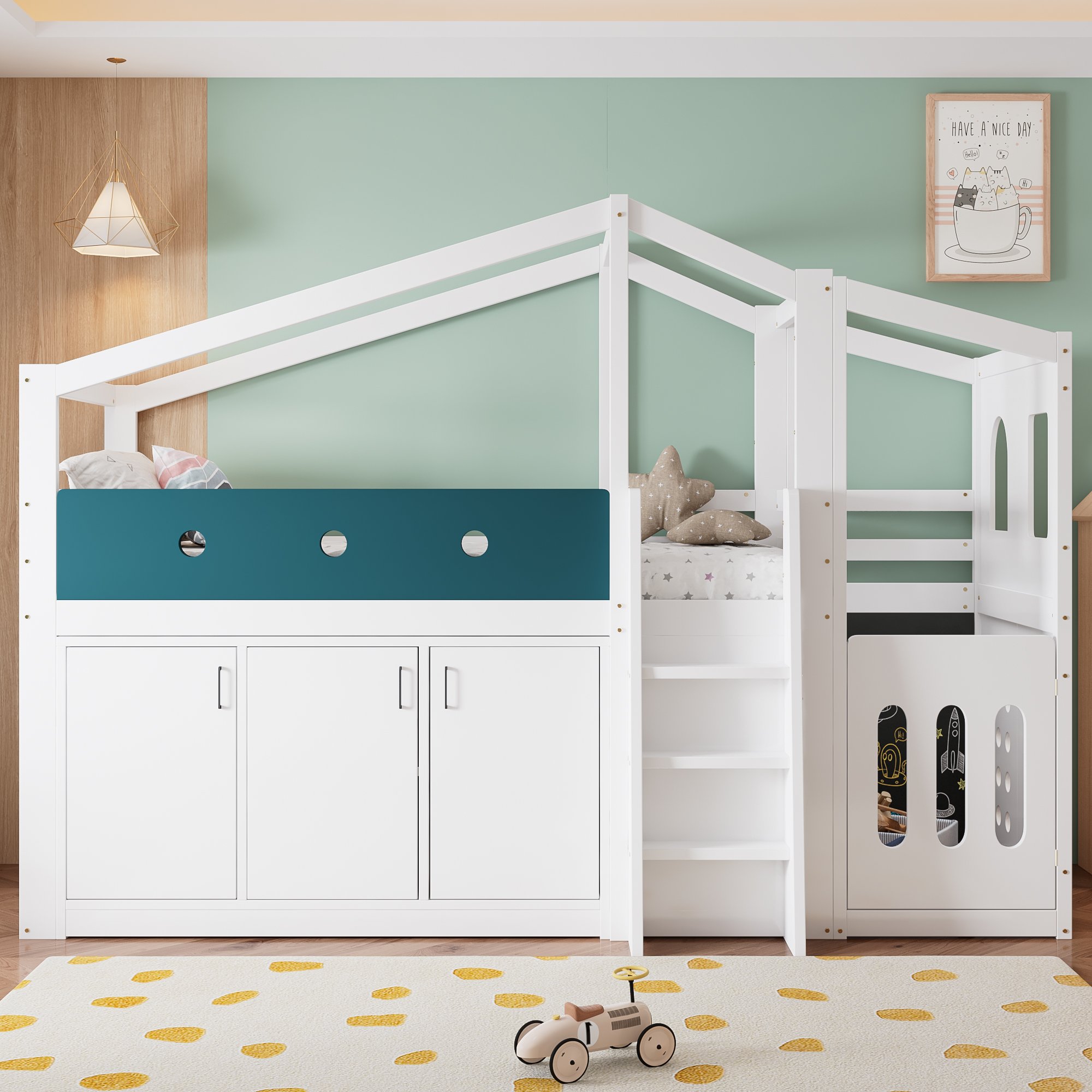 Lit mezzanine enfant 90x200 en bois massif blanc avec rangement et coin jeu