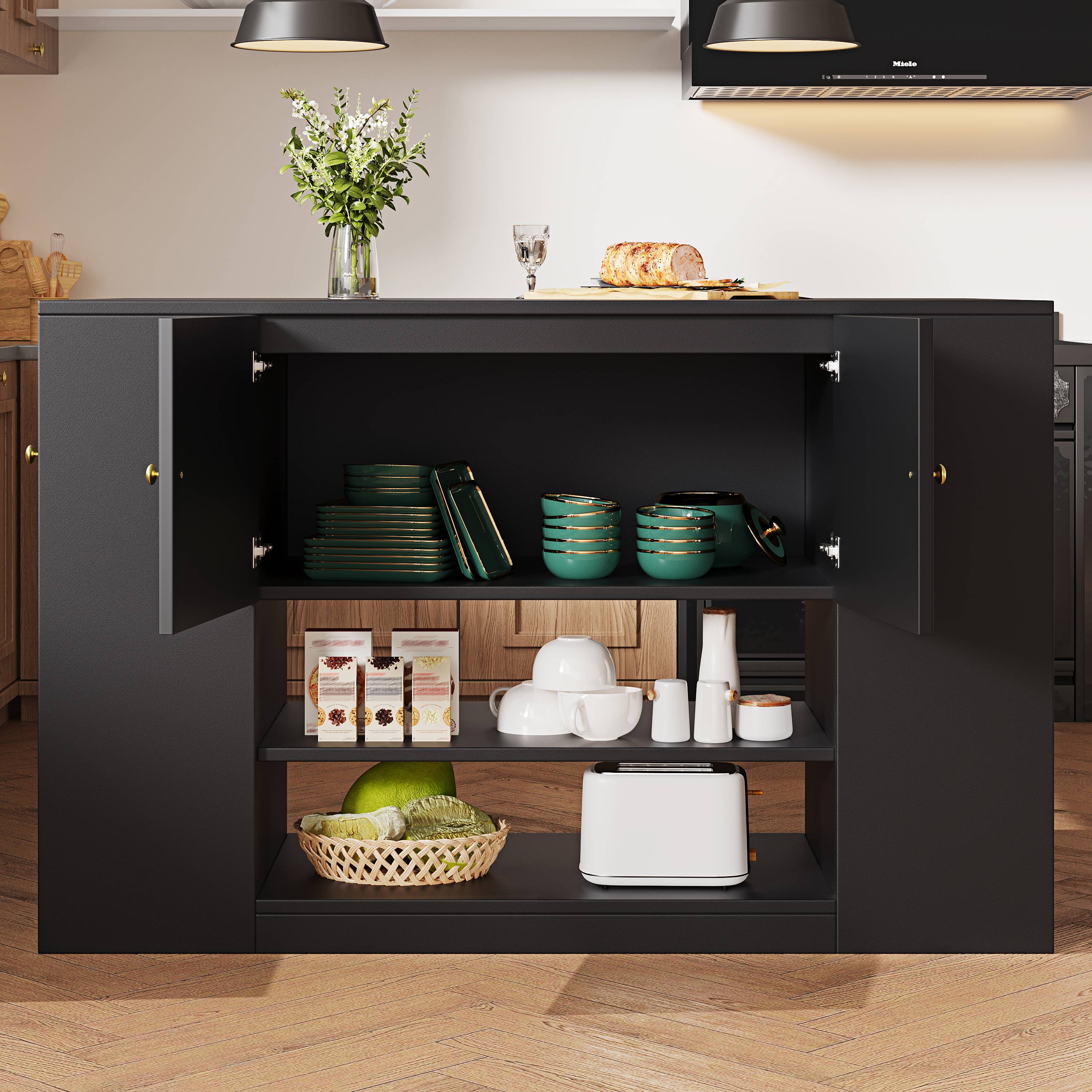 Îlot de cuisine avec table pliante et rangement, tiroirs, étagères, noir, en Panneau composite de fibres de bois à densité, 140x40x90 cm, pour cuisiner et manger