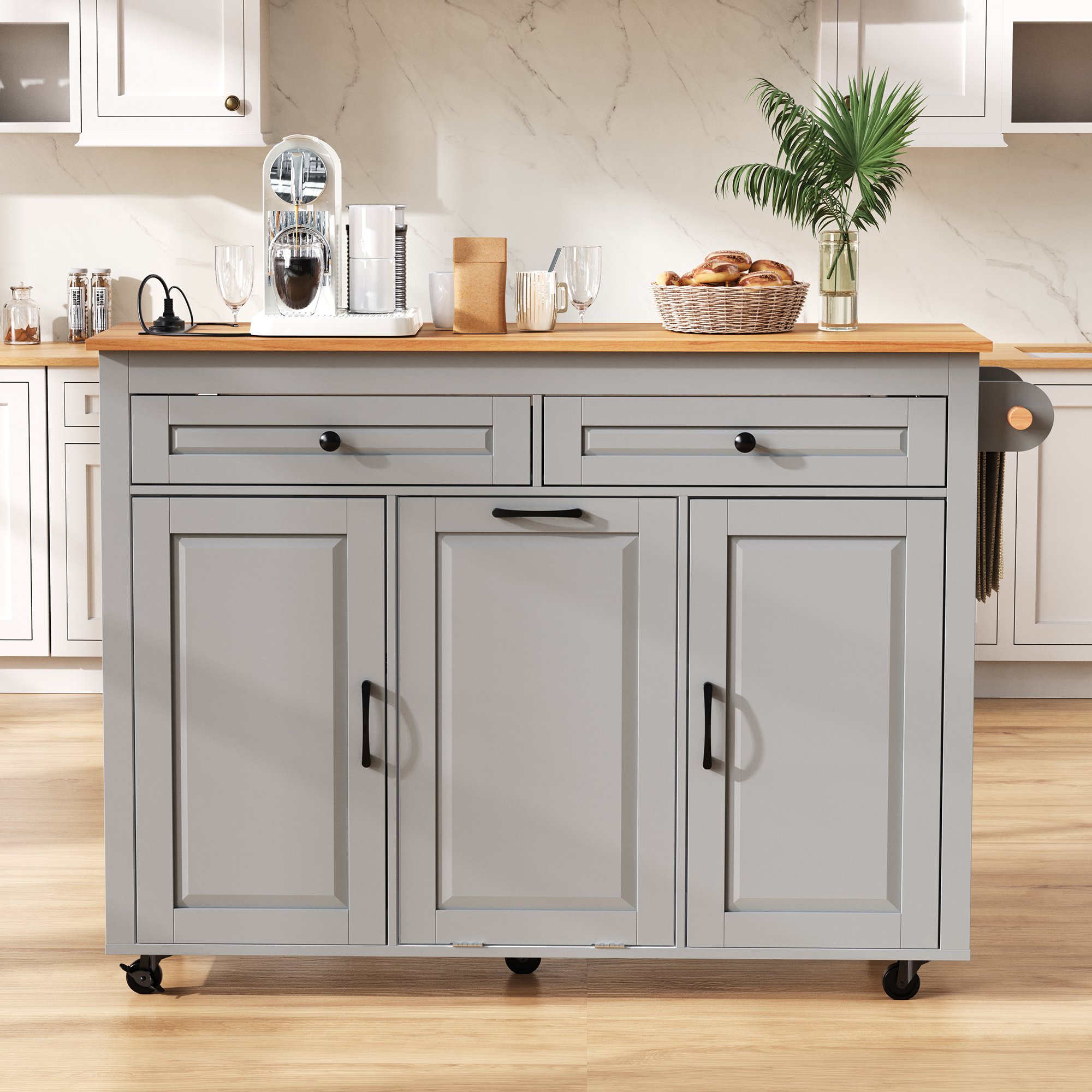 Îlot de cuisine extensible avec plan de travail, rangement poubelle, prises intégrées, 7 roulettes, gris, Panneau composite de fibres de bois à densité, 120x40-75x92 cm