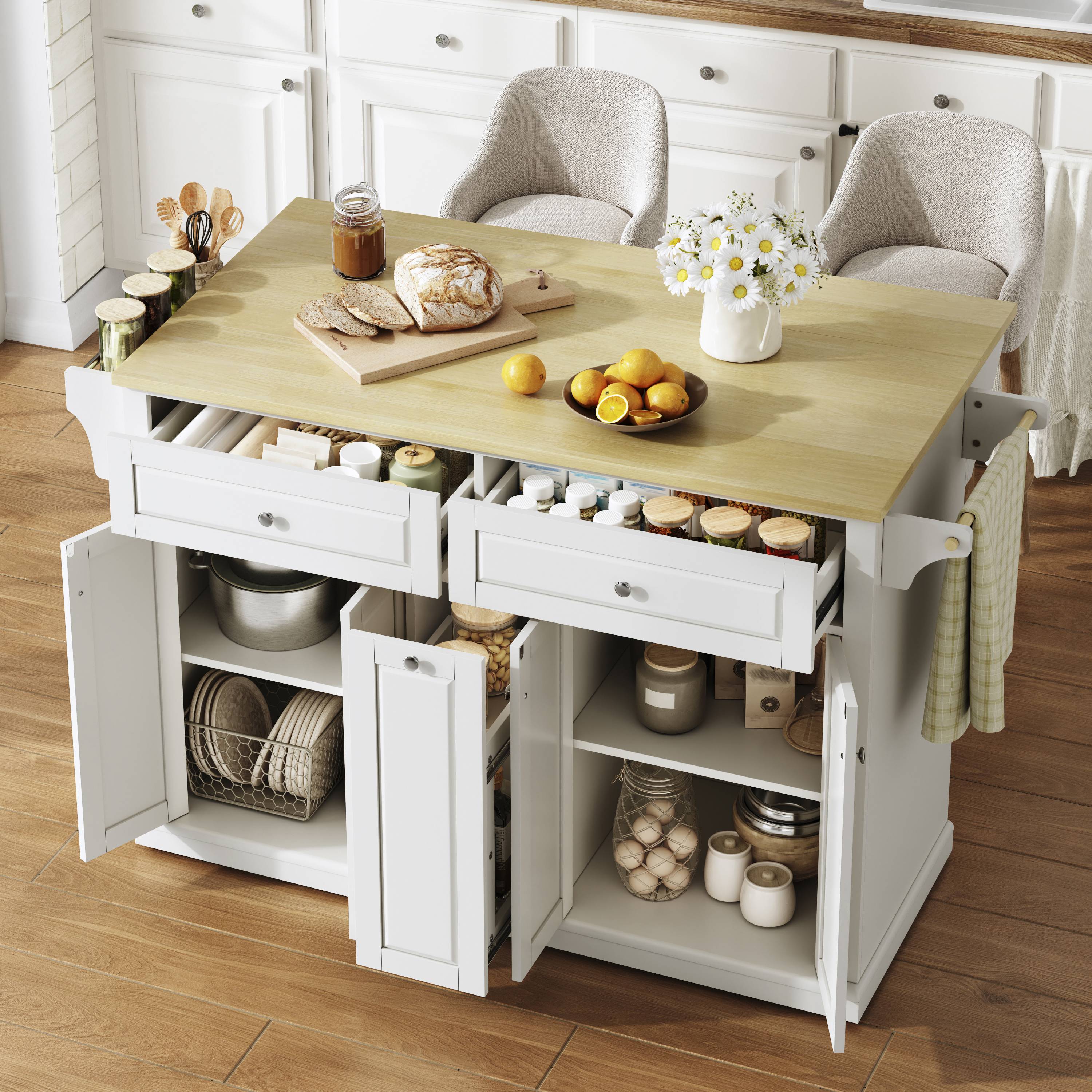 Îlot de cuisine sur roulettes avec plan de travail rabattable, rangement, tiroirs, étagère à épices, Panneau composite de fibres de bois à densité blanc, 121x69x89 cm