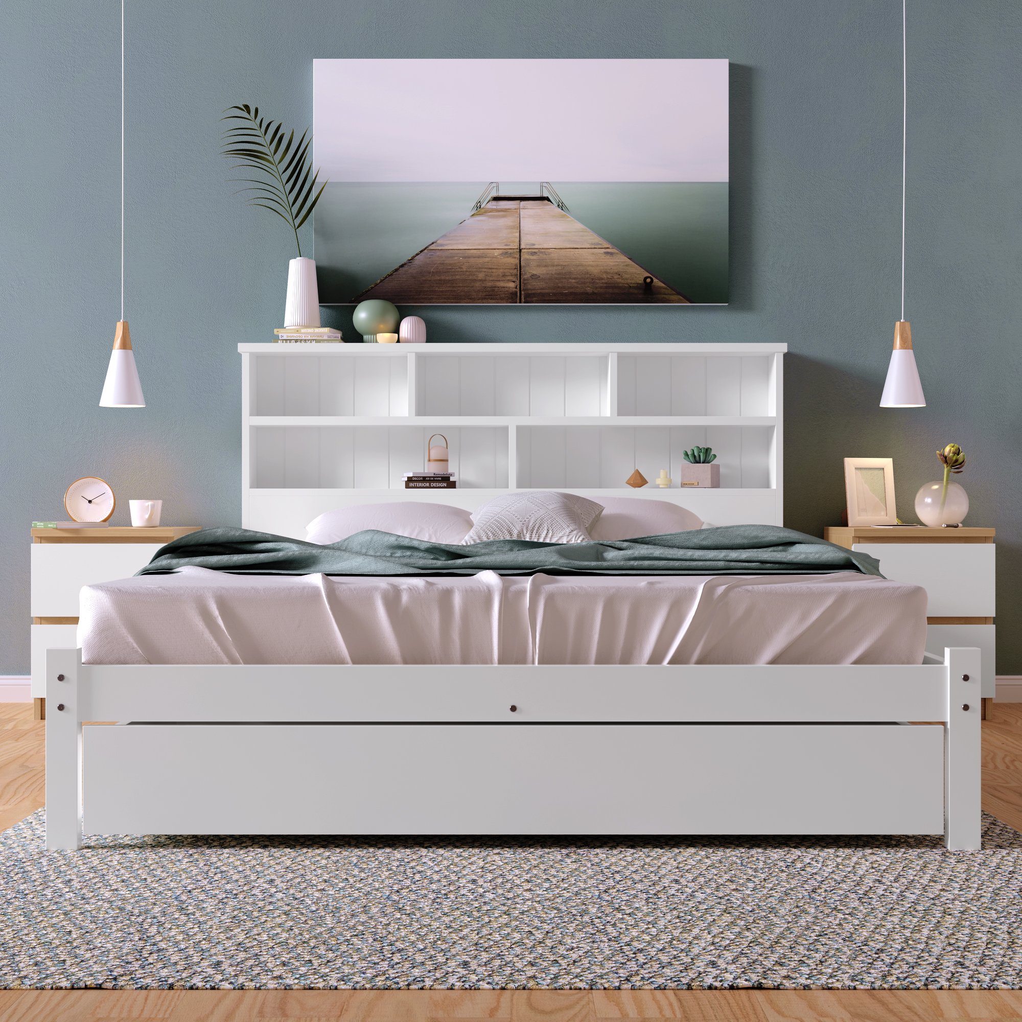 Lit coffre double 140x200 pour chambre adulte avec rangement sous matelas 21cm et tiroirs latéraux sur roulettes blancs