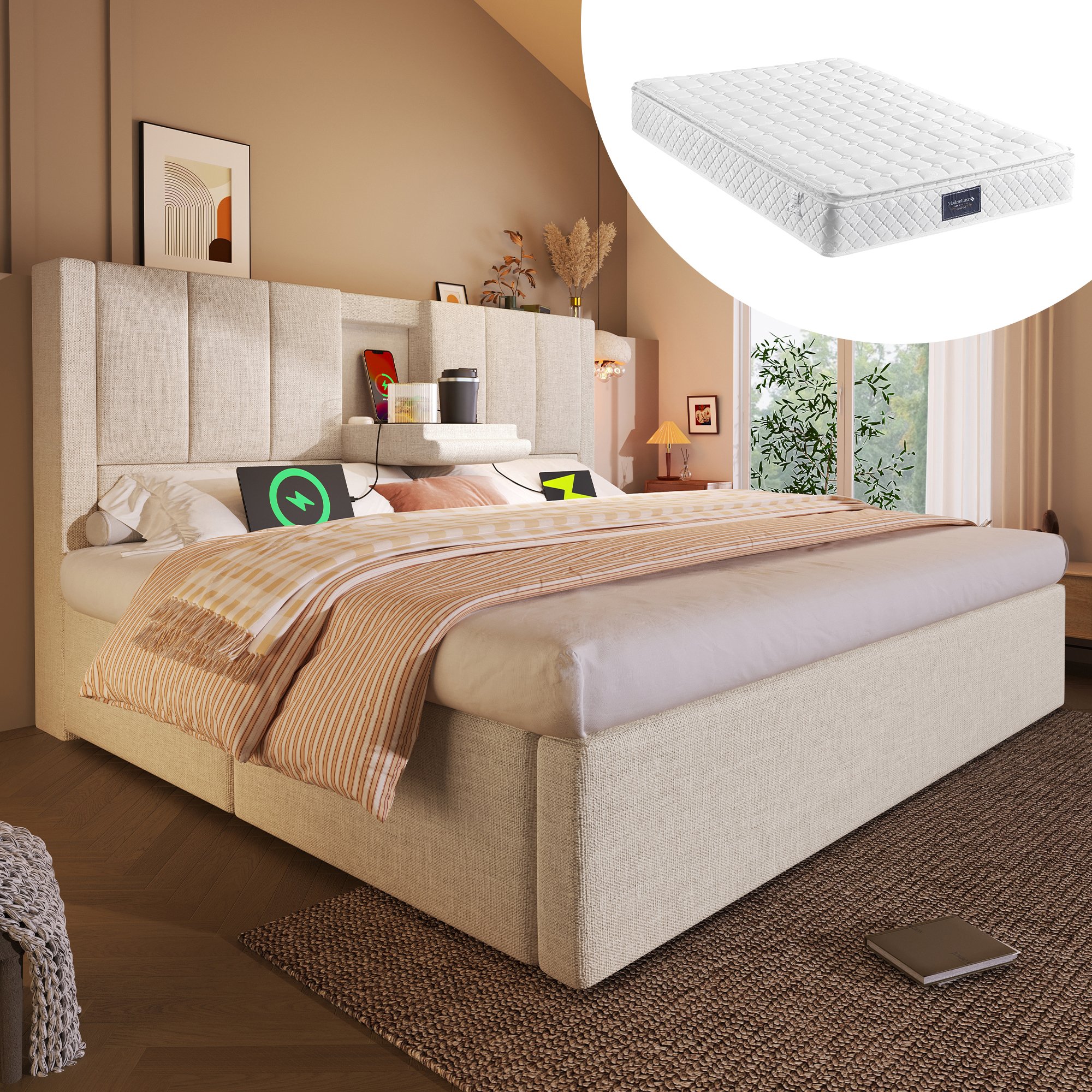 lit coffre 140x200 cm avec matelas 7 zones et sommier à lattes, structure renforcée capacité 300 kg beige