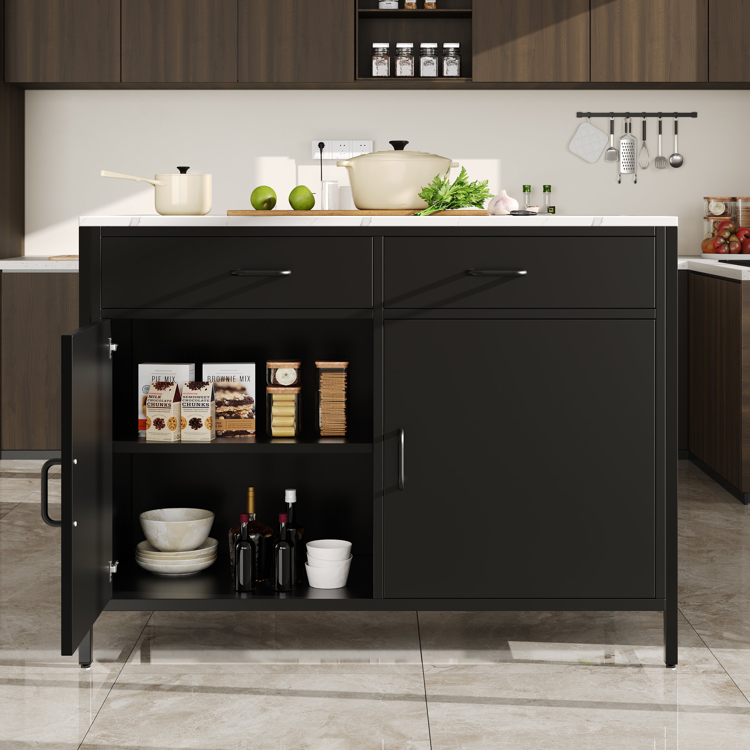 Îlot de cuisine noir avec rangement, plan de travail en marbre, pieds en fer, 100x90x90 cm, pour cuisine et salle à manger