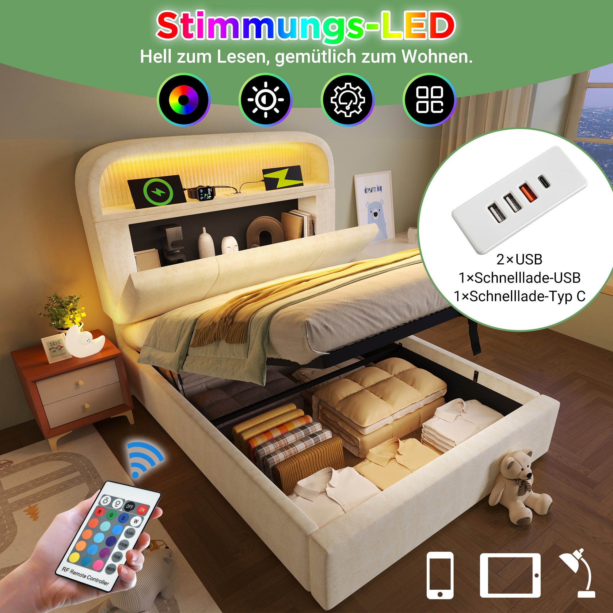 lit coffre 90x200 avec matelas, velours beige, rangement hydraulique, LED RGB et ports USB pour chambre moderne