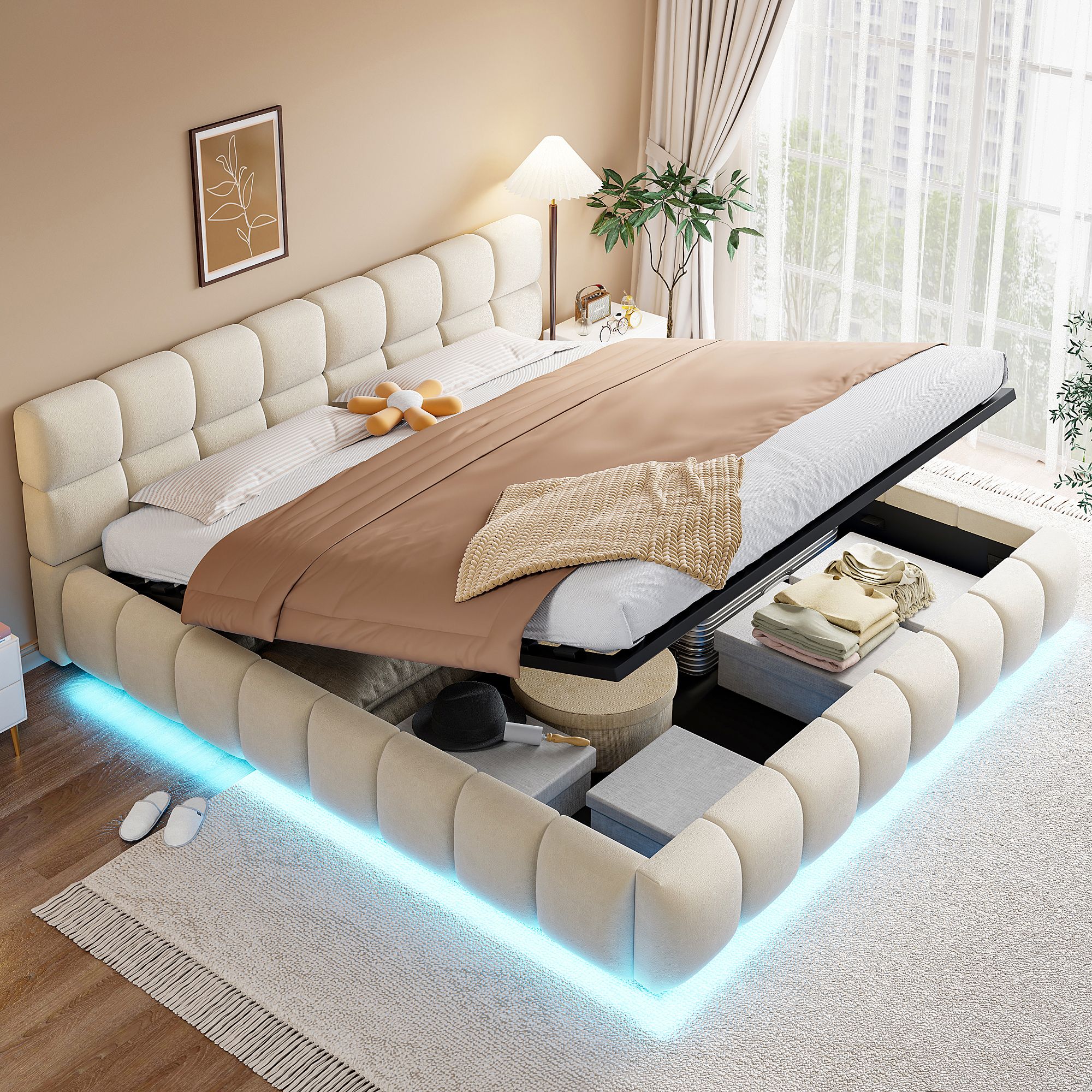 Lit coffre double 180x200 avec rangement hydraulique, LED, velours beige