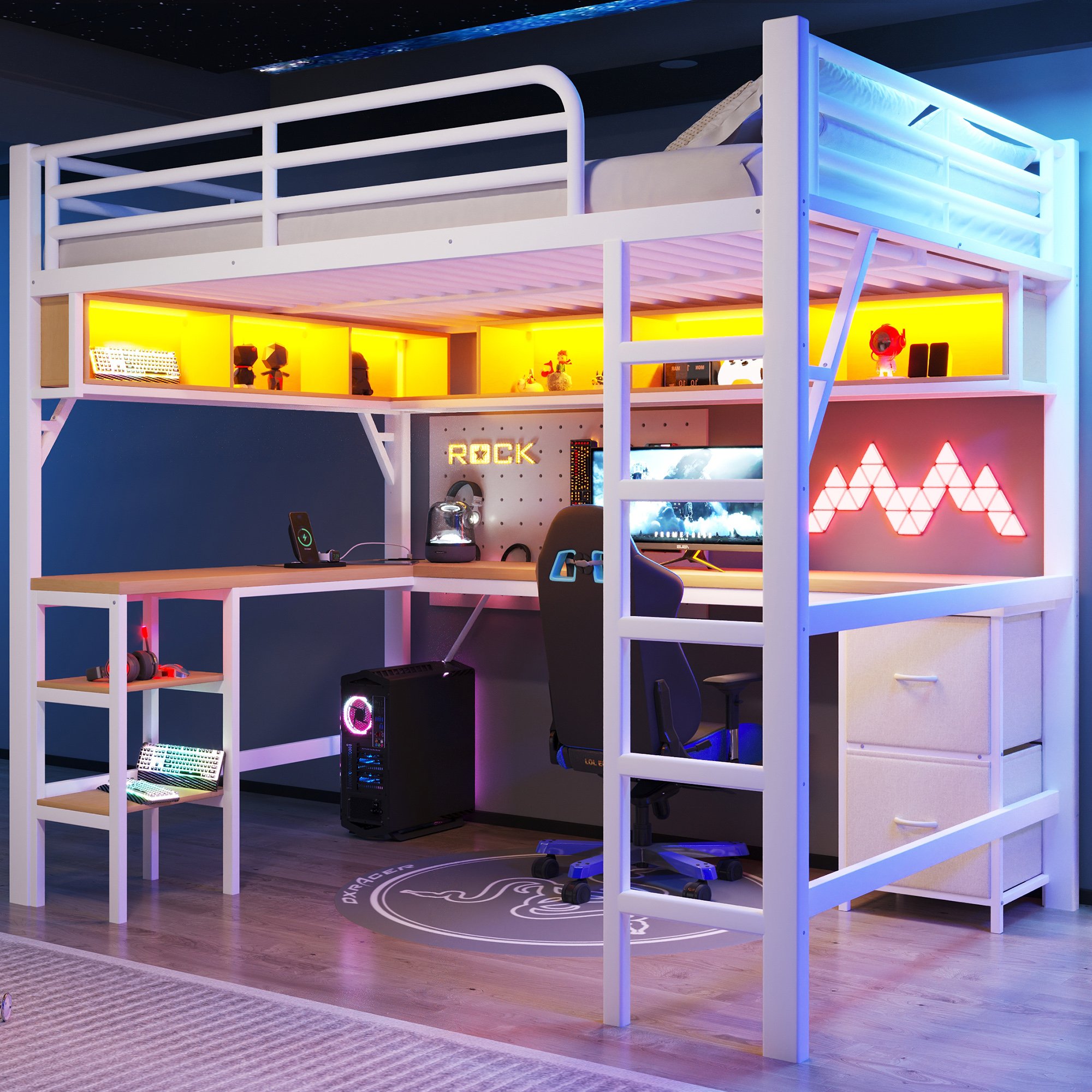 Lit mezzanine 140x200 en métal blanc avec bureau, rangements, LED et USB