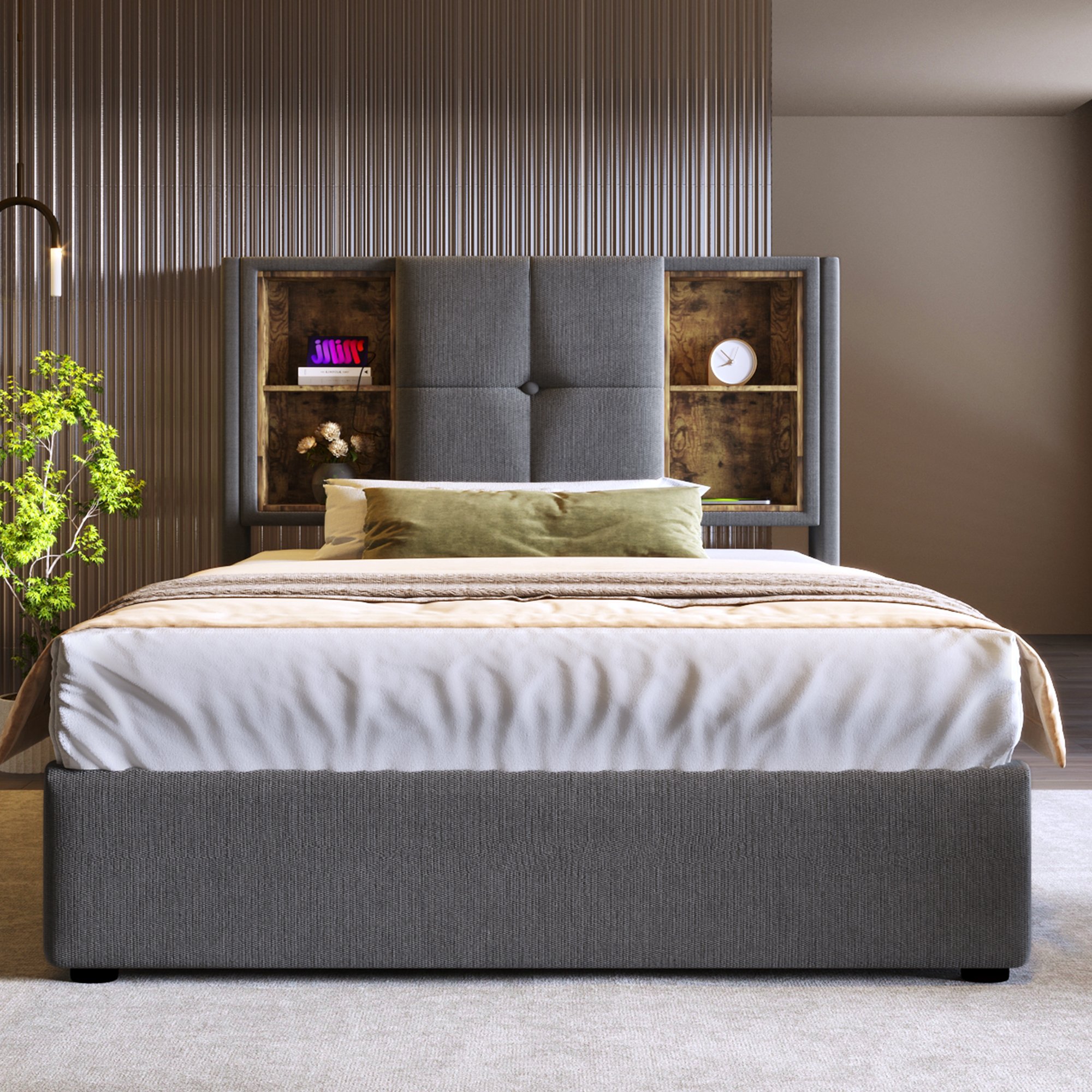 lit coffre 90x200 avec matelas ressorts, rangement profond par vérin à gaz, ports USB et chargeur induction gris
