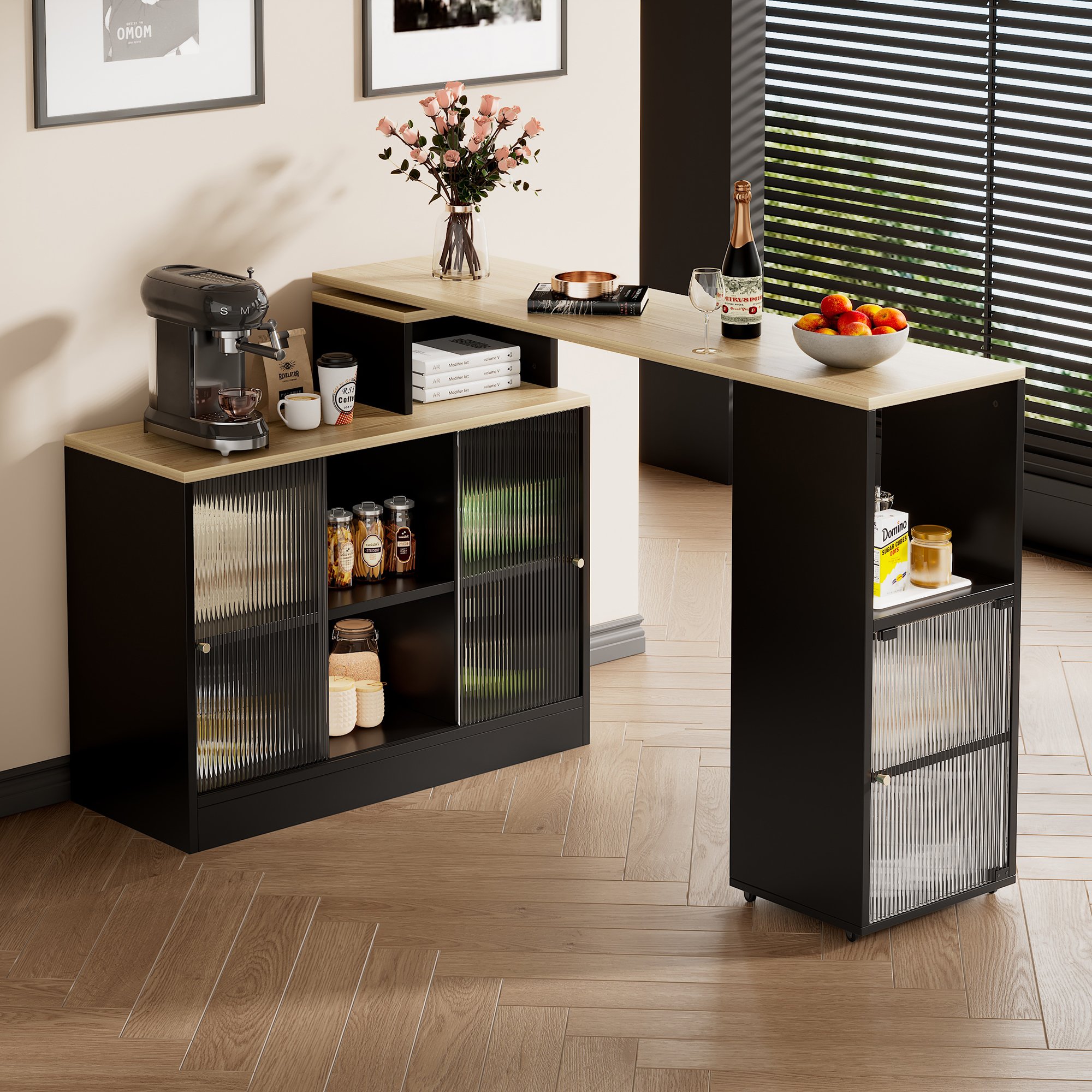 Îlot de cuisine extensible avec rangement, rotation 360°, roulettes, 3 formes, noir, verre arc-en-ciel, table de bar