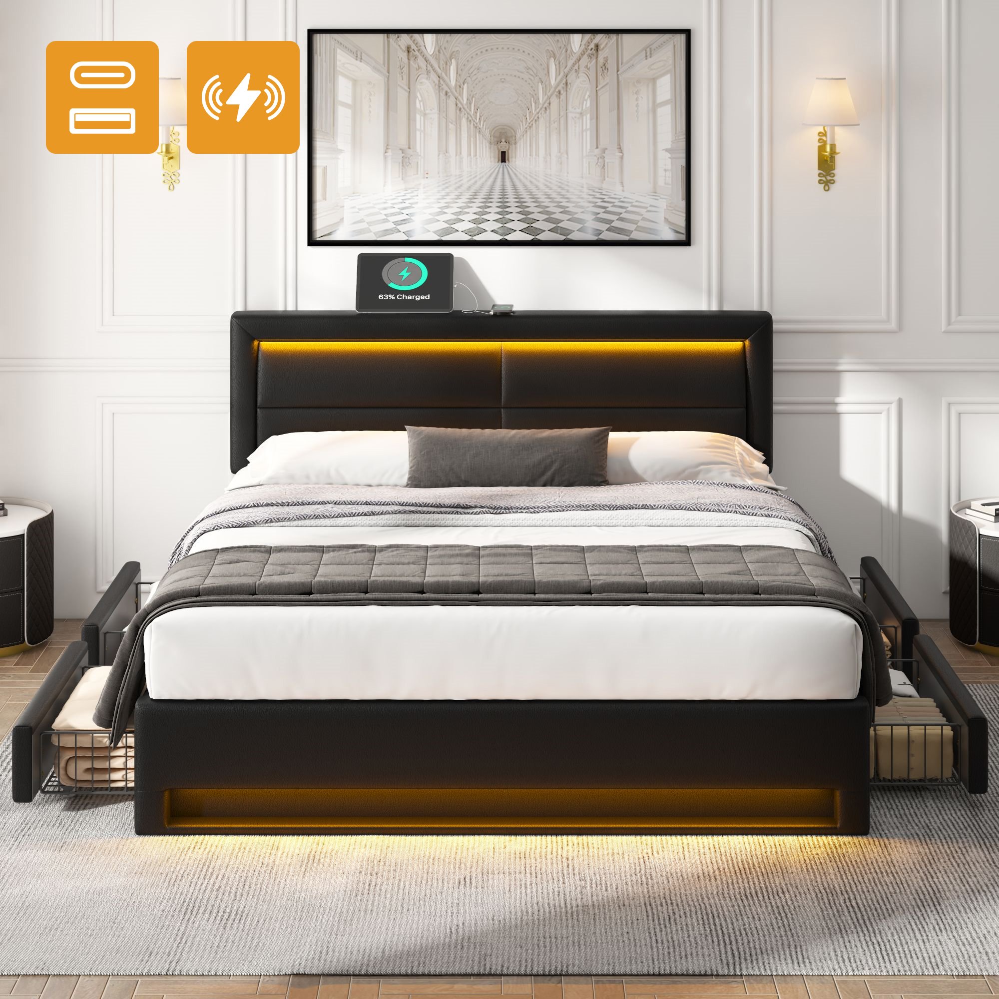 Lit rembourré 140x200 noir en PU motif litchi avec 4 tiroirs, éclairage LED multicolore et ports USB pour chargement pratique.