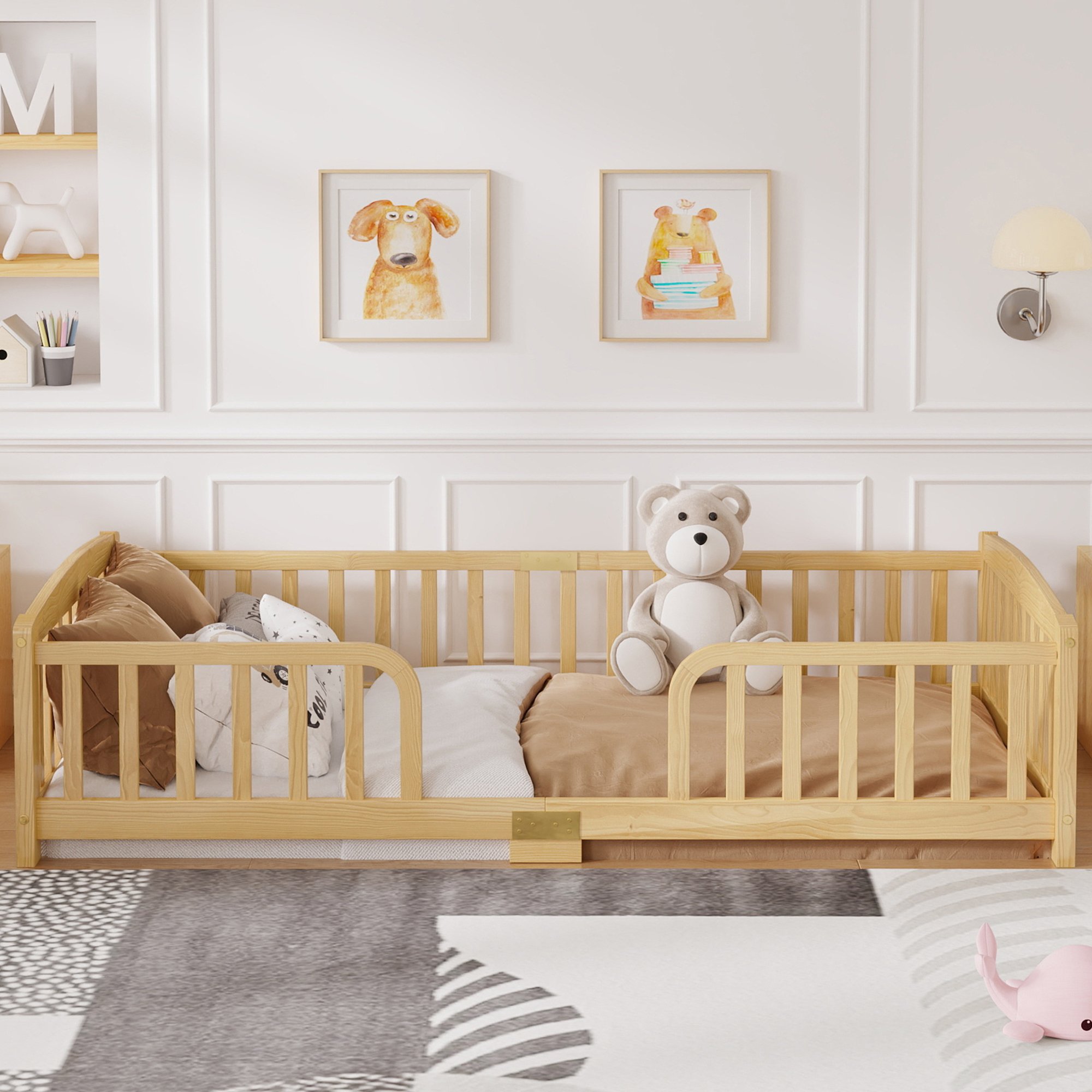 Lit enfant 90x200 avec barrières de sécurité, accès central et design au sol pour transition en douceur