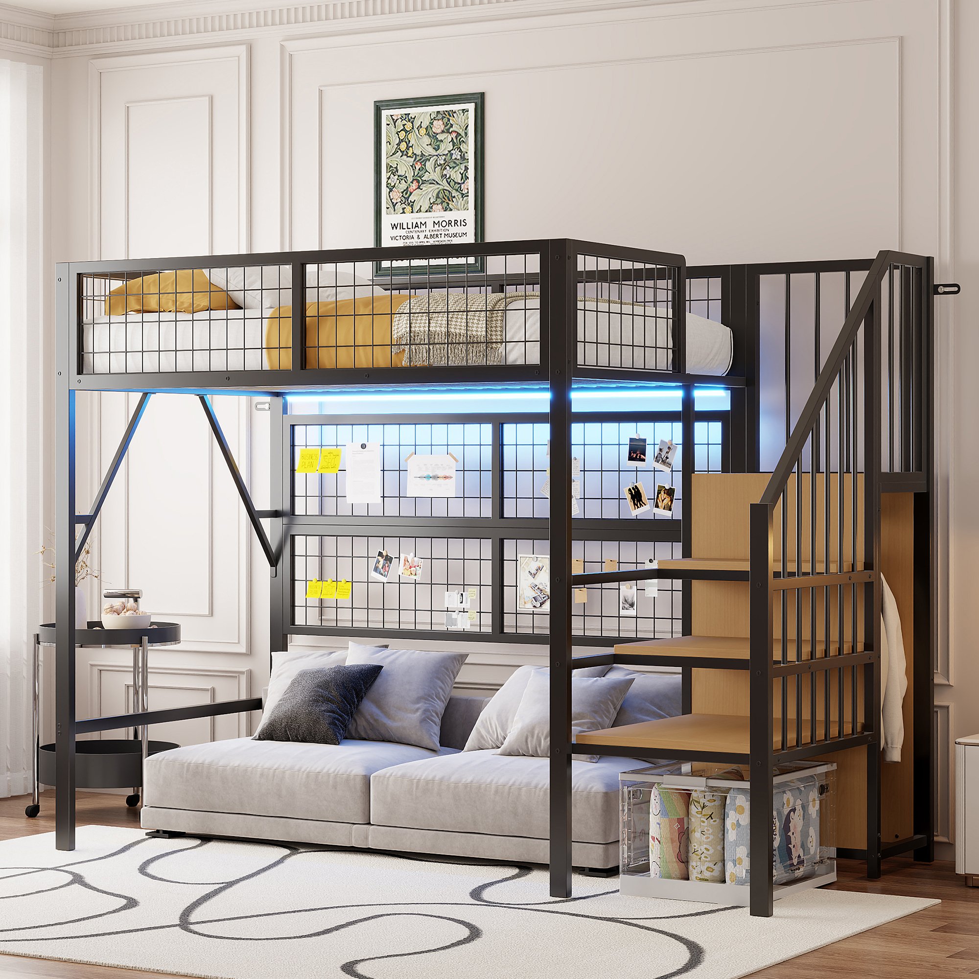 Lit superposé 90x200, 2 couchages, avec échelle, rangements et LED, pour enfant