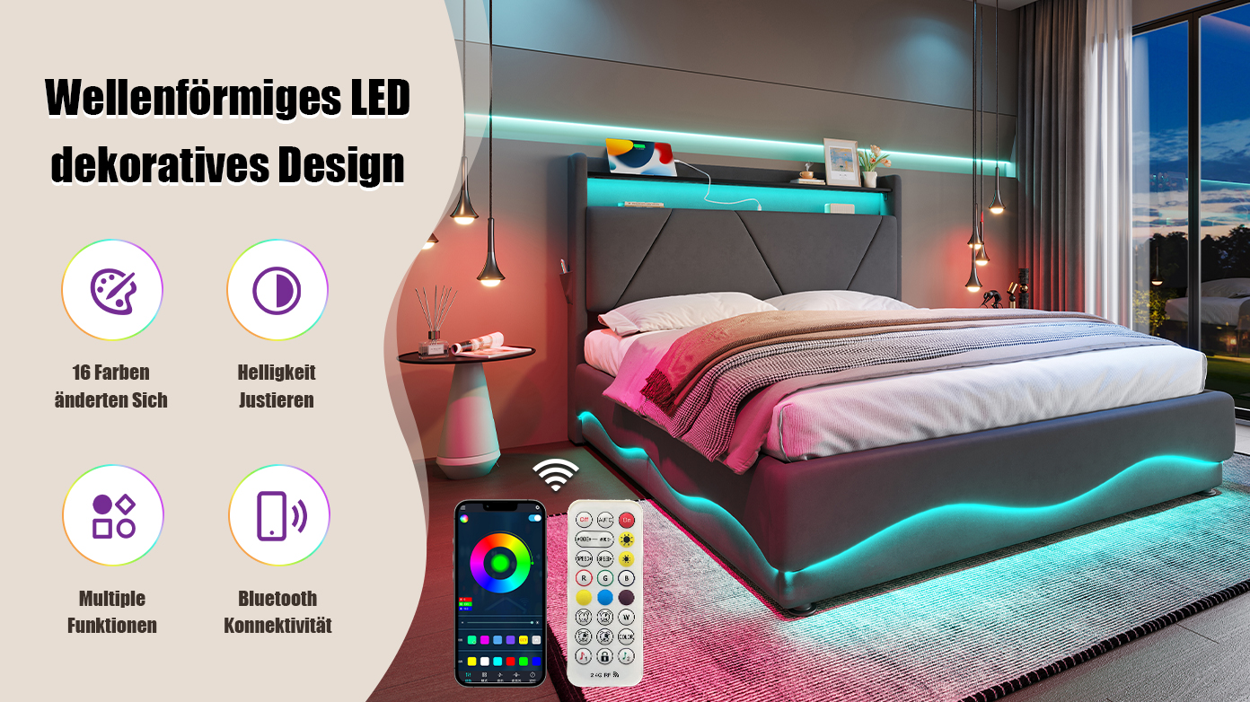 Lit coffre 160x200 en velours gris, structure métallique, tête de lit avec rangement et LED