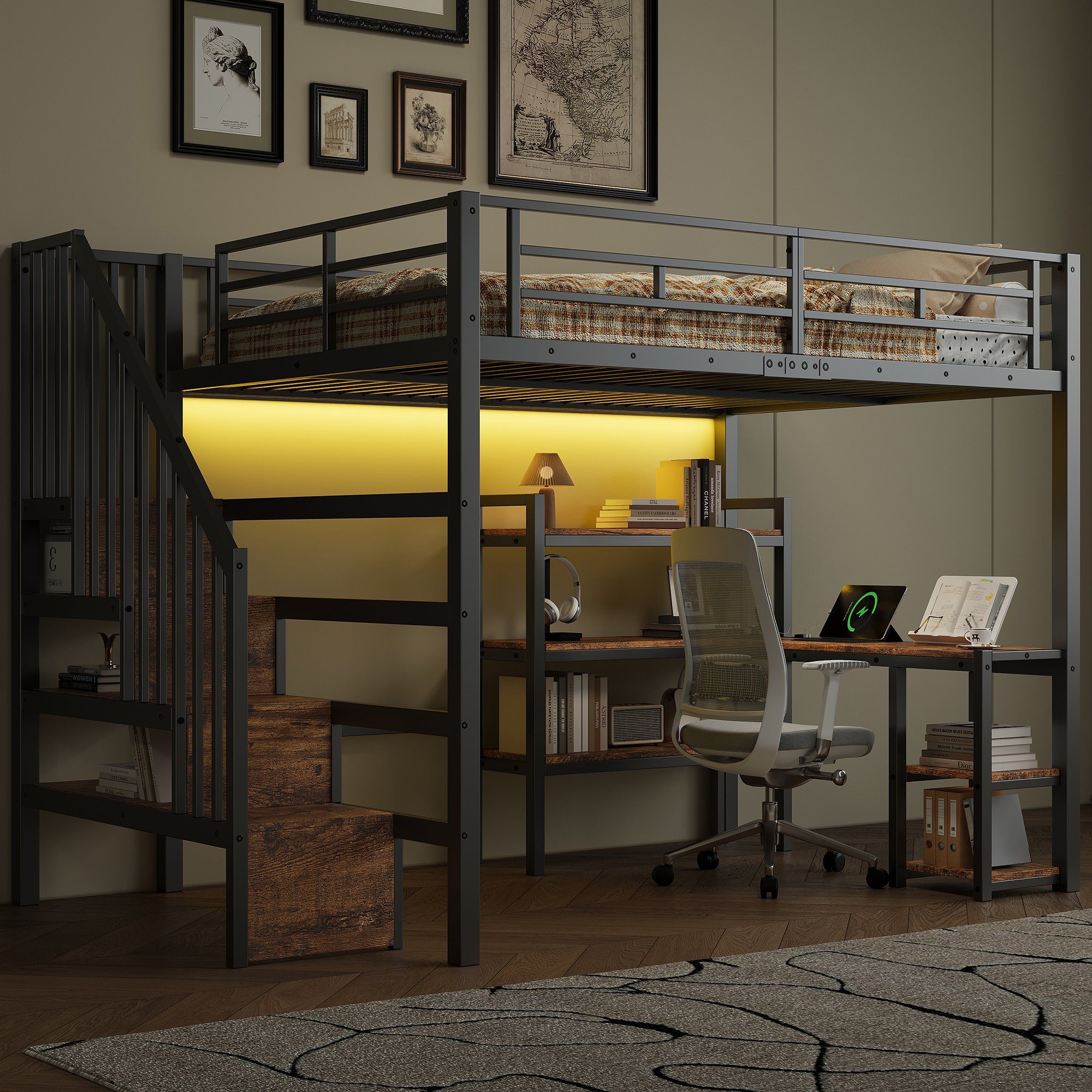 Lit mezzanine 140x200 avec escalier, bureau intégré et rangements, noir