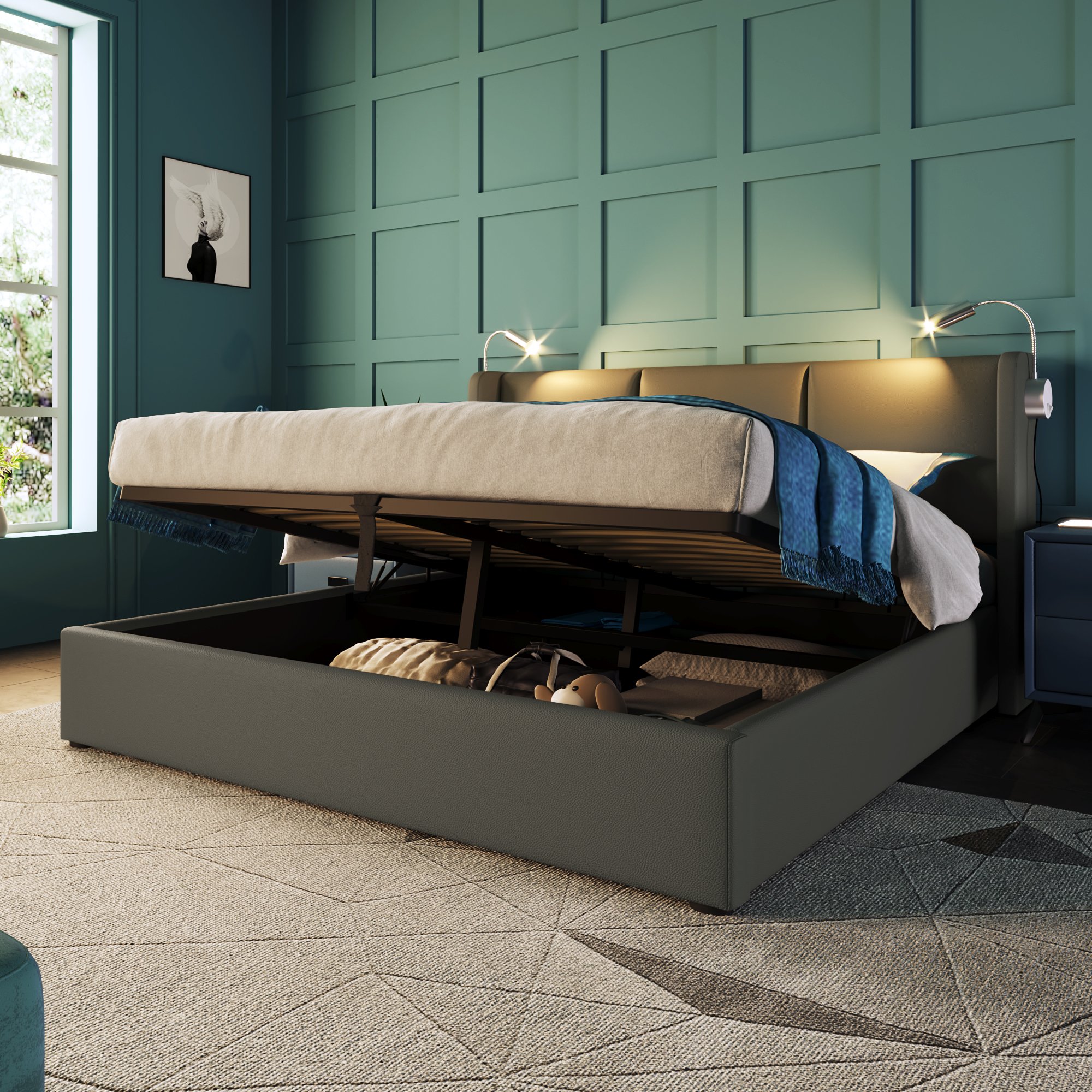 lit coffre 140x200 cm avec rangement profond, tête de lit rembourrée et éclairage LED intégré pour chambre adulte