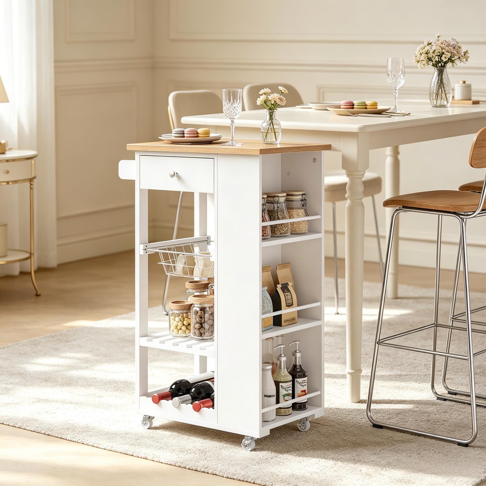 Îlot de cuisine roulant blanc en bambou et Panneau composite de fibres de bois à densité avec rangements, plan de travail, tiroir et étagère, 56,5x37x87 cm