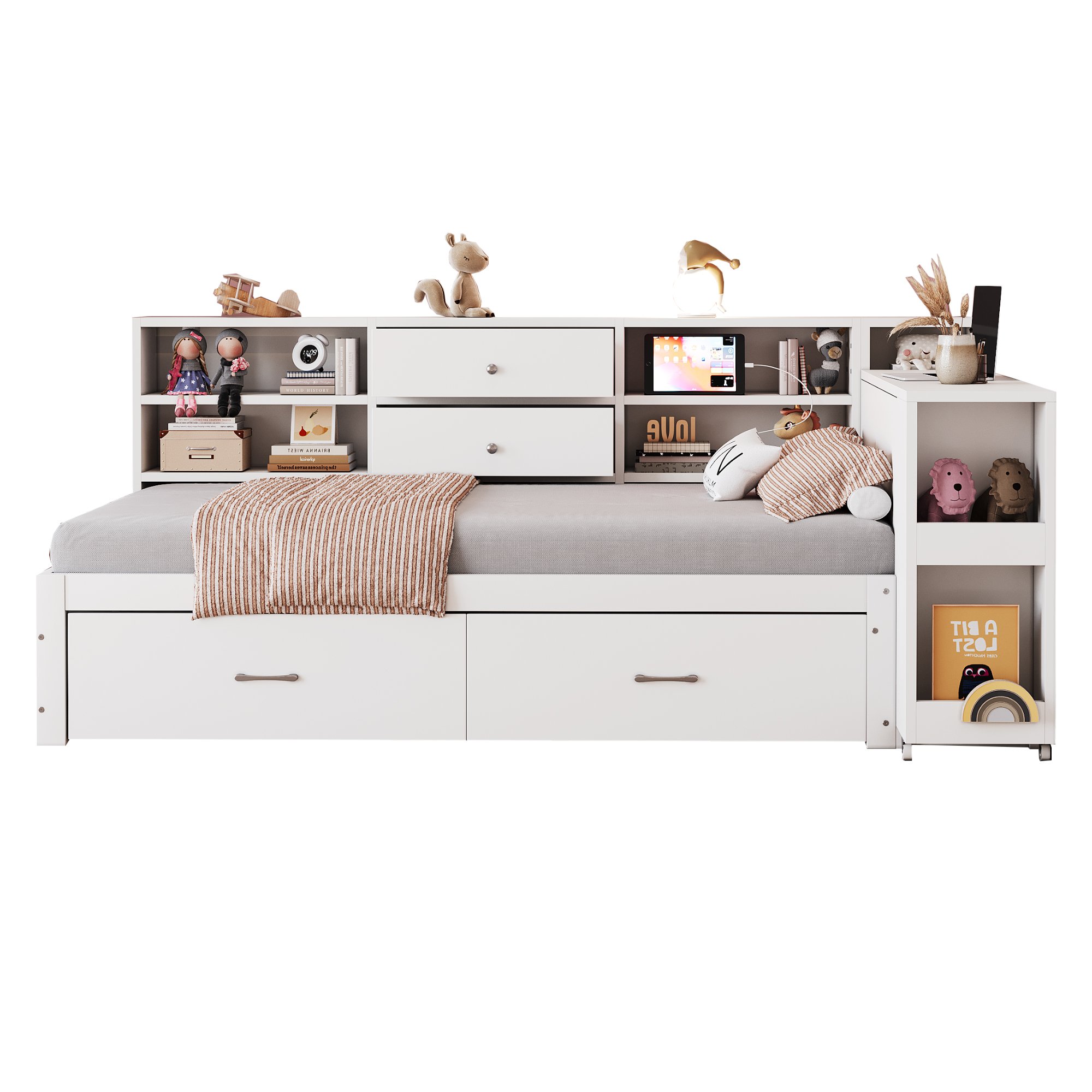 Lit coffre simple 90x200 avec tiroirs, blanc, en bois, avec bureau escamotable et prises USB