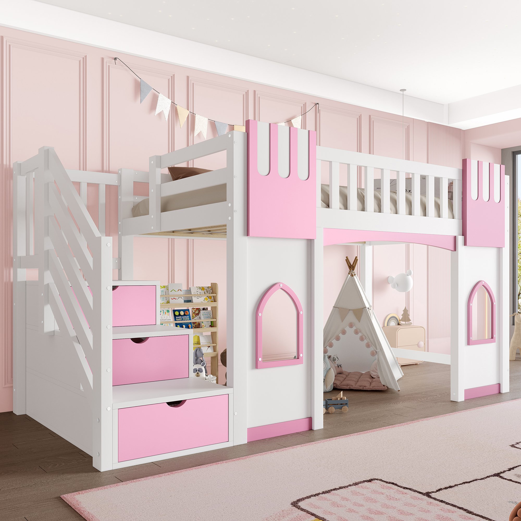 Lit mezzanine 90x200 blanc et rose avec escalier rangement et fenêtres, en pin et Panneau composite de fibres de bois à densité
