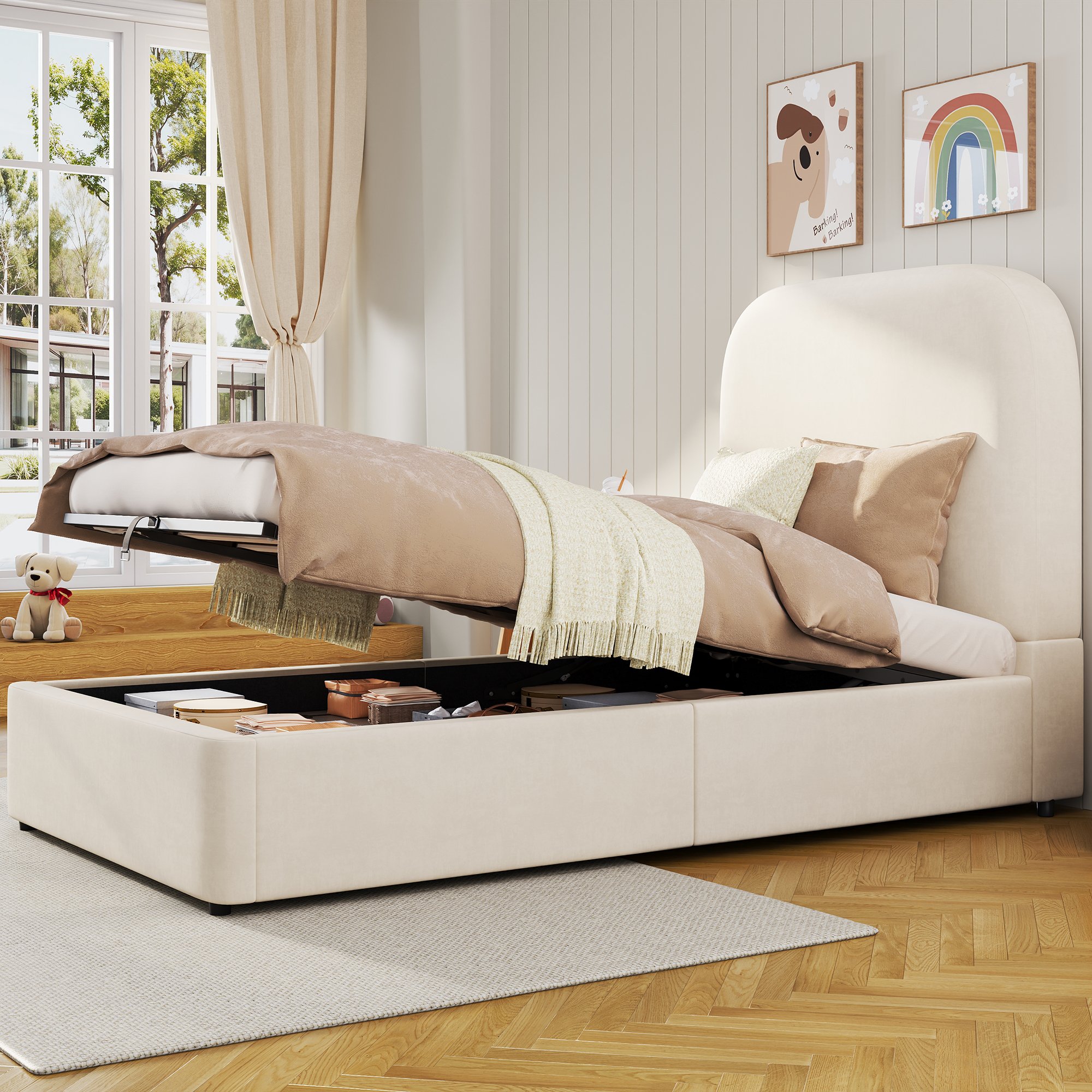 Lit coffre 90x200 avec rangement hydraulique, velours beige, tête de lit rembourrée et sécurité enfants, montage facile