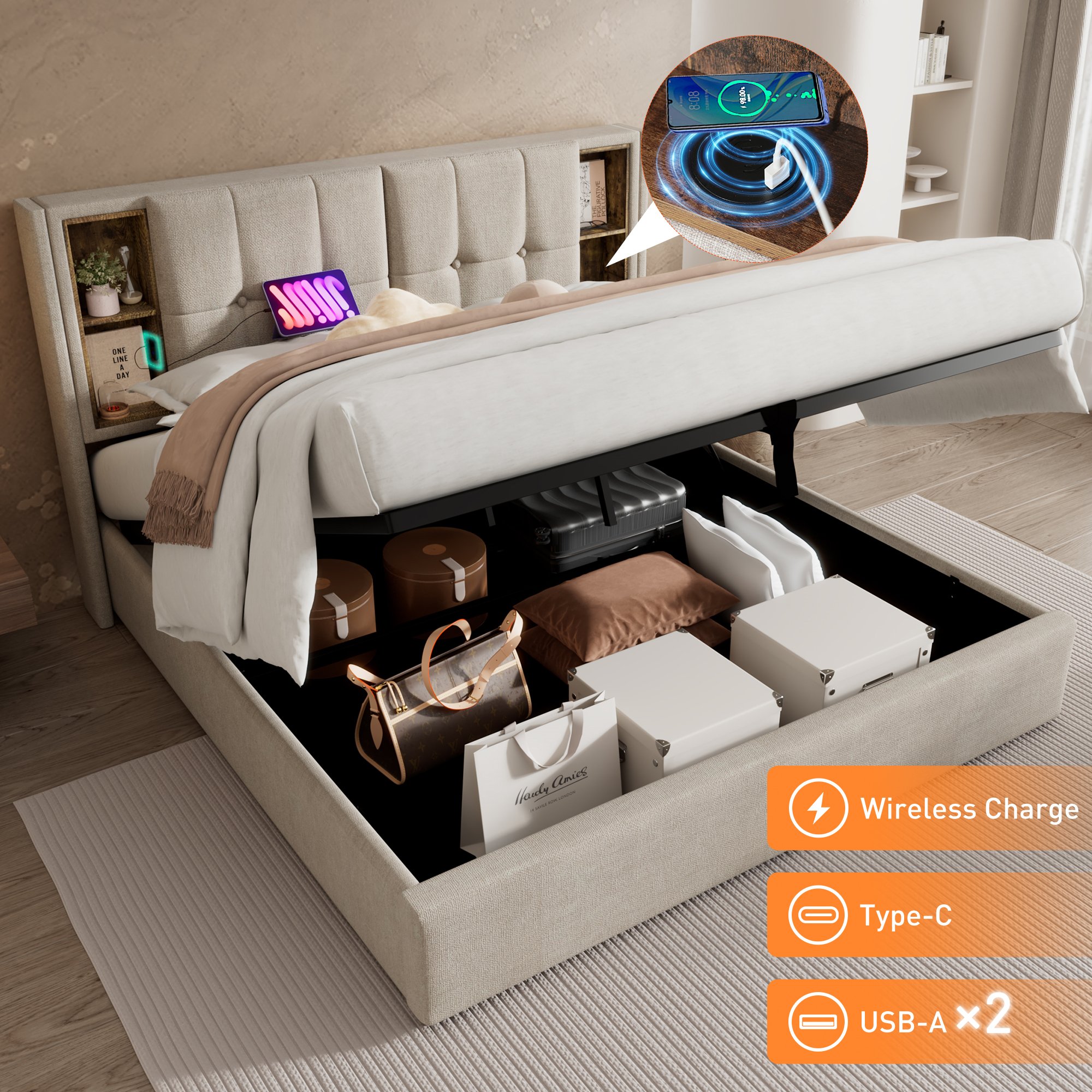 lit coffre double 160x200 avec tête de lit rembourrée naturelle, chargeur sans fil intégré et sommier à lattes